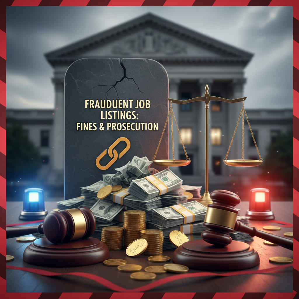 Penalties for posting fake job listings with money and court symbols