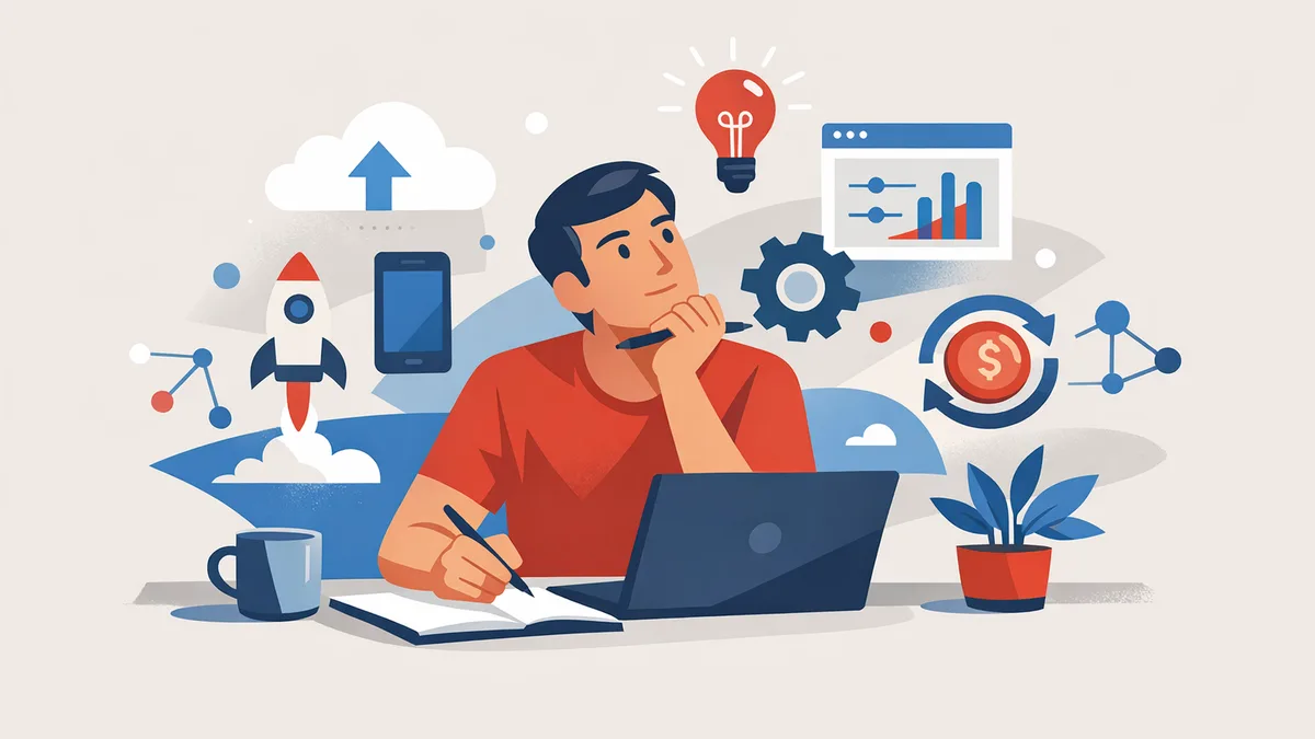 Hero image depicting a solo developer brainstorming micro SaaS ideas