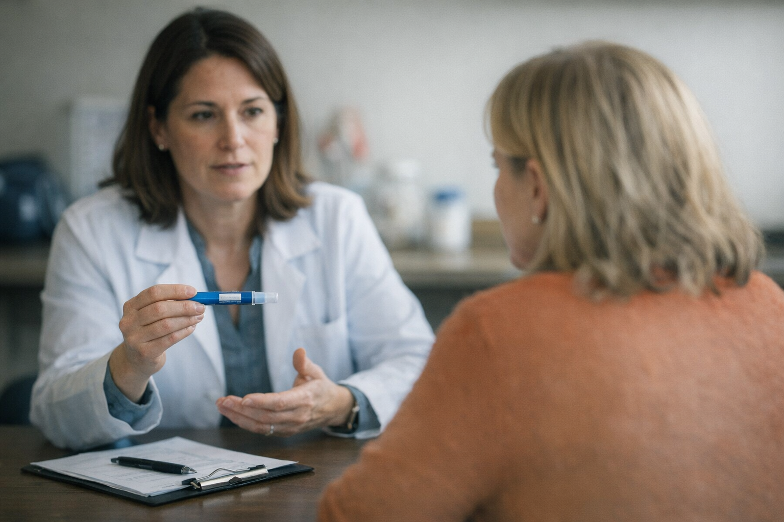 Healthcare professional and patient discussing microdosing GLP-1