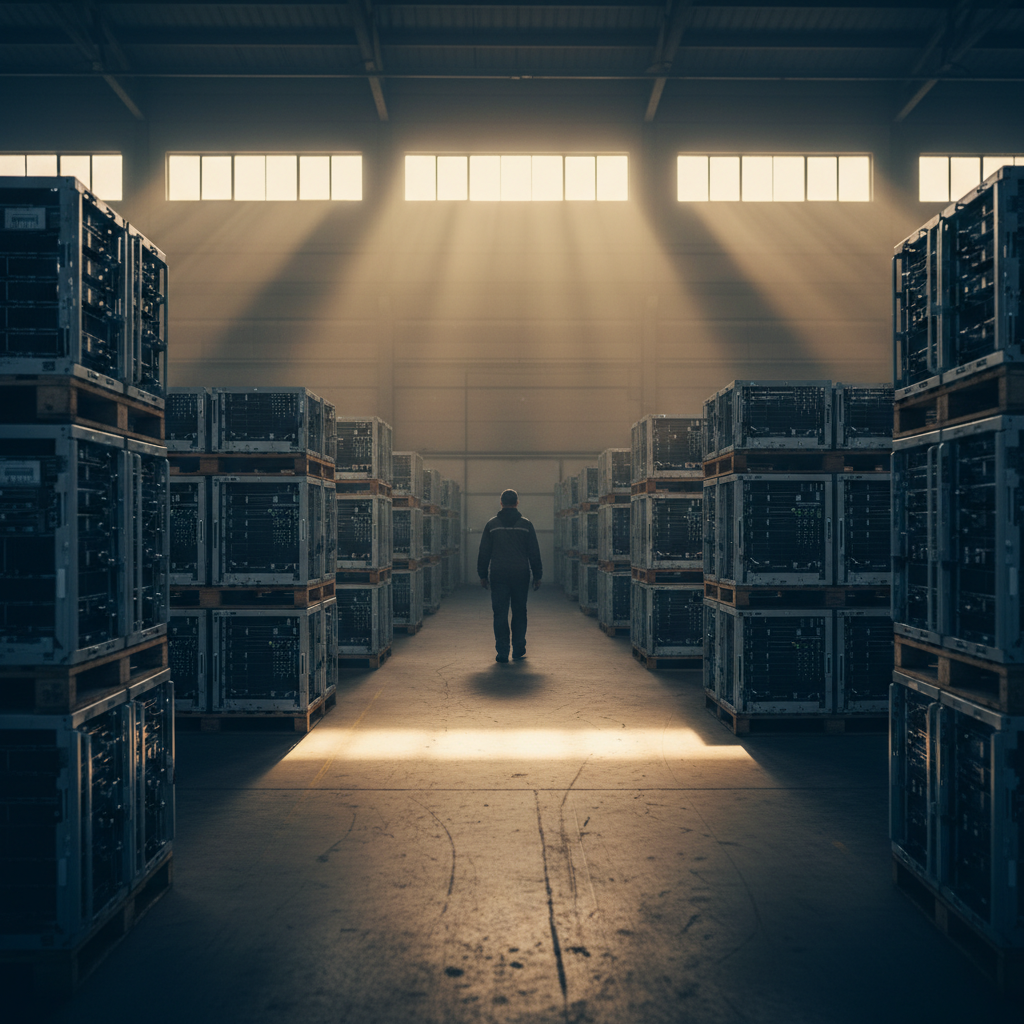 Vast industrial warehouse interior with rows of decommissioned IT hardware in late afternoon light.
