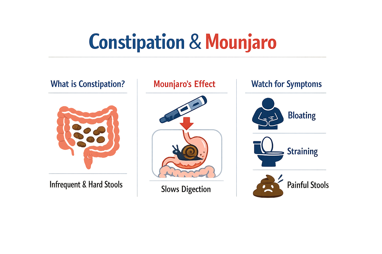 Infographic explaining the connection between Mounjaro and constipation, including how GLP-1 medications affect gastrointestinal motility