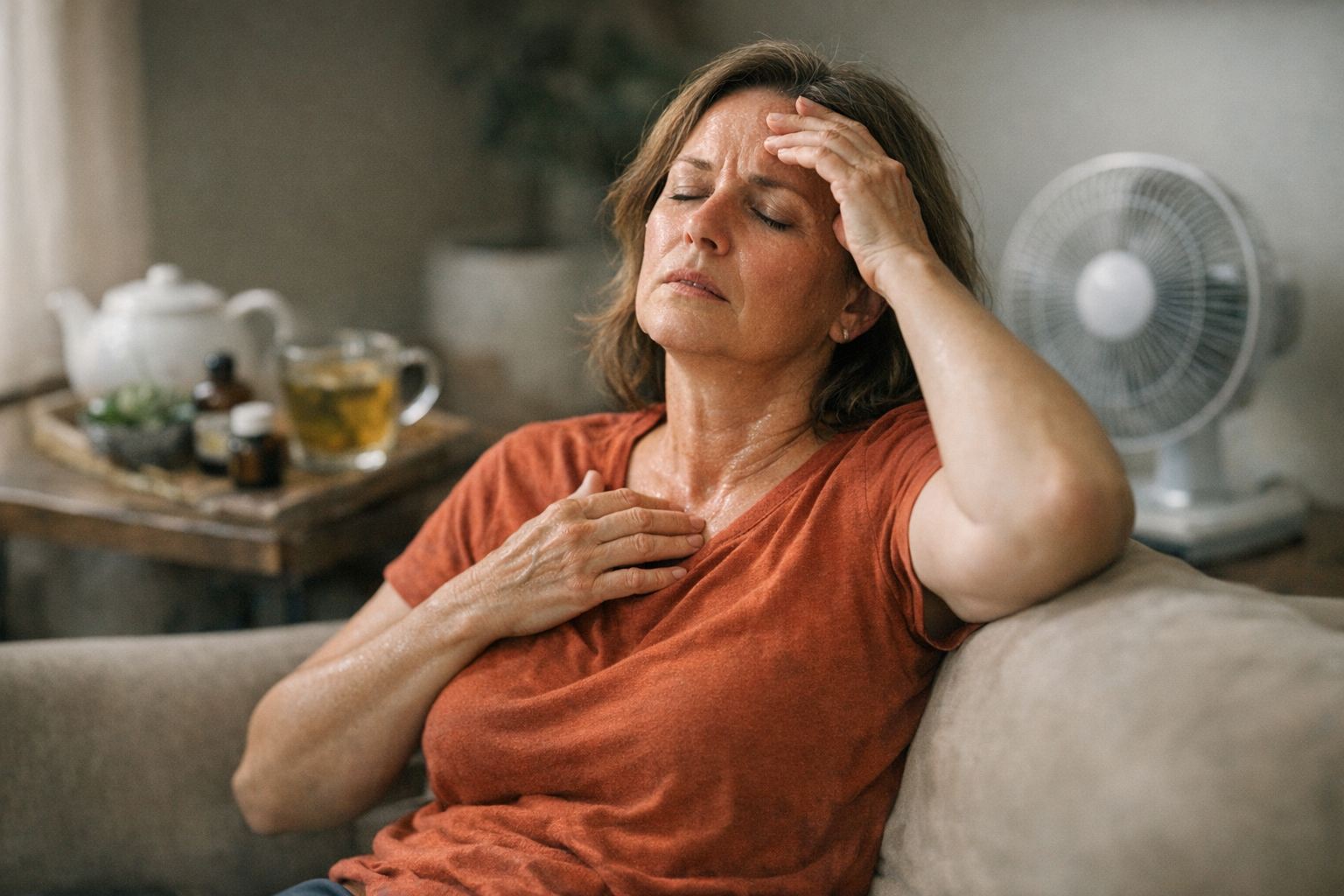 A woman experiencing a hot flash in a home setting.