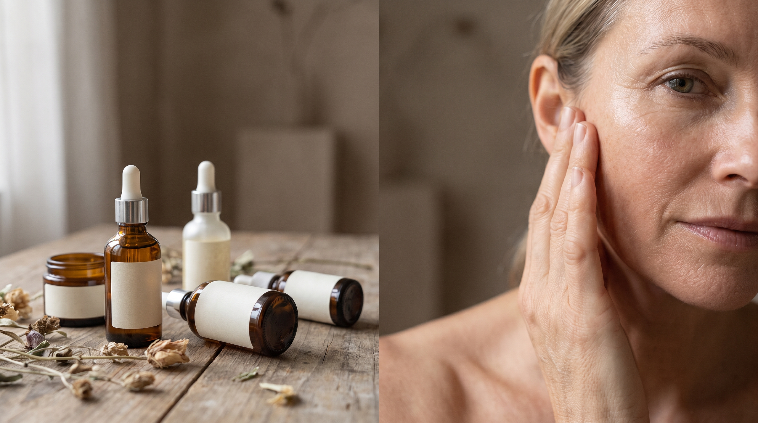 Close-up of a woman's glowing midlife skin with skincare products