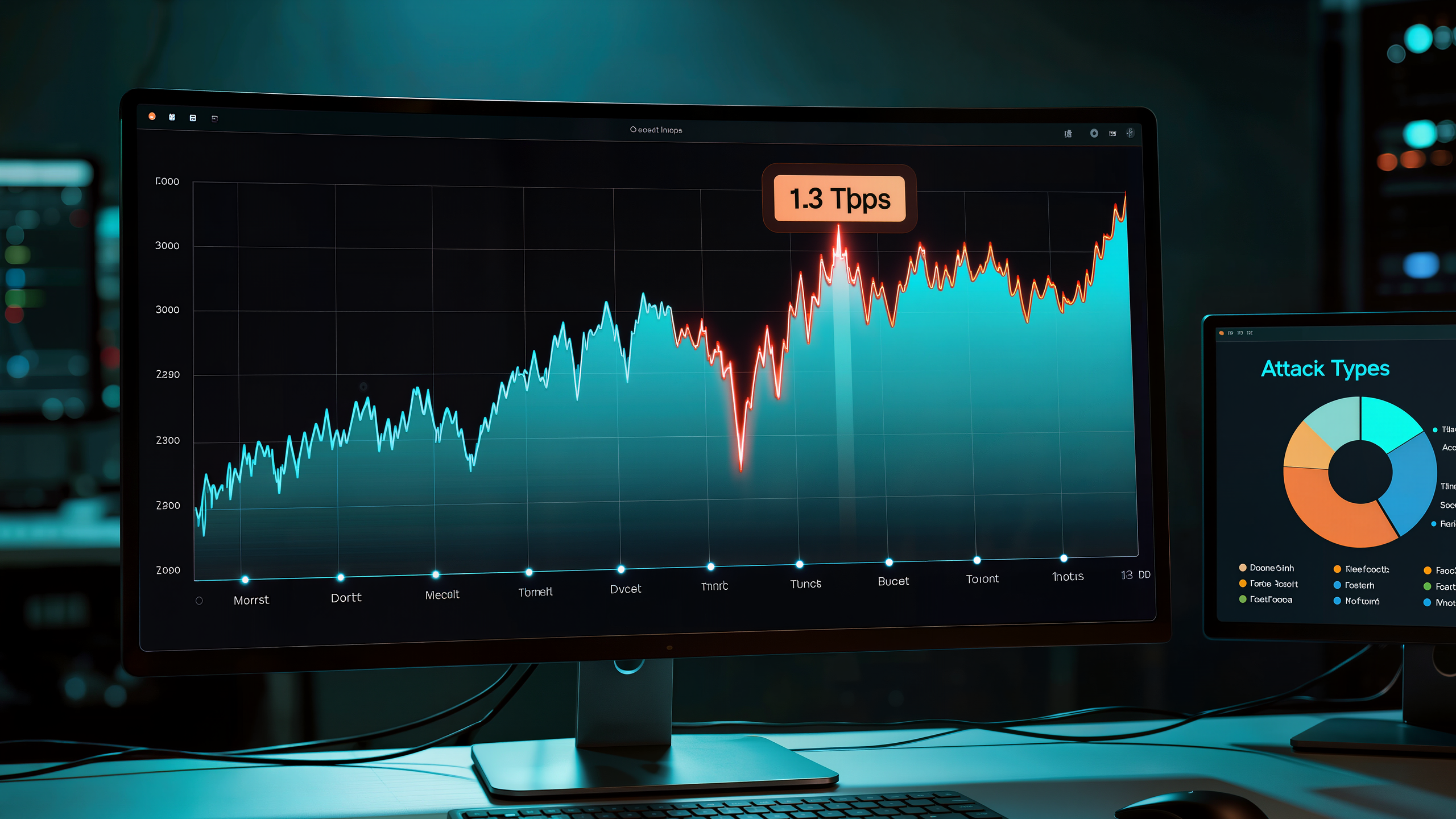 DDoS event traffic dashboard showing 1.3 Tbps attack spike visualization