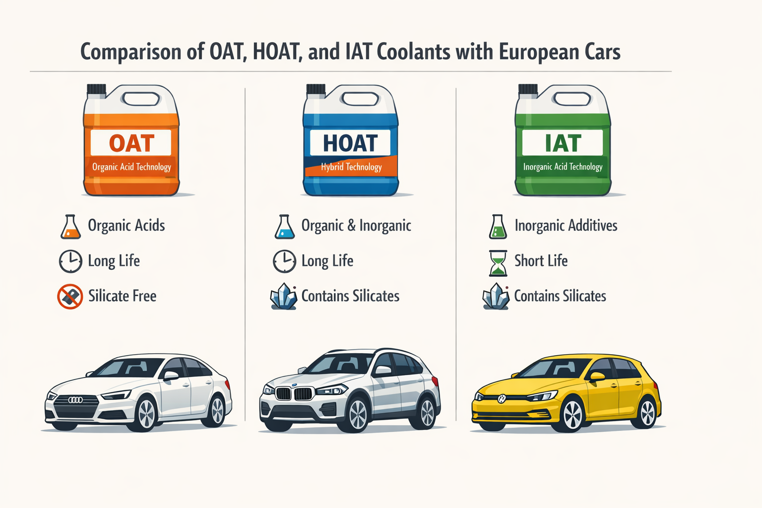 Comparison of OAT, HOAT, and IAT coolants with European cars