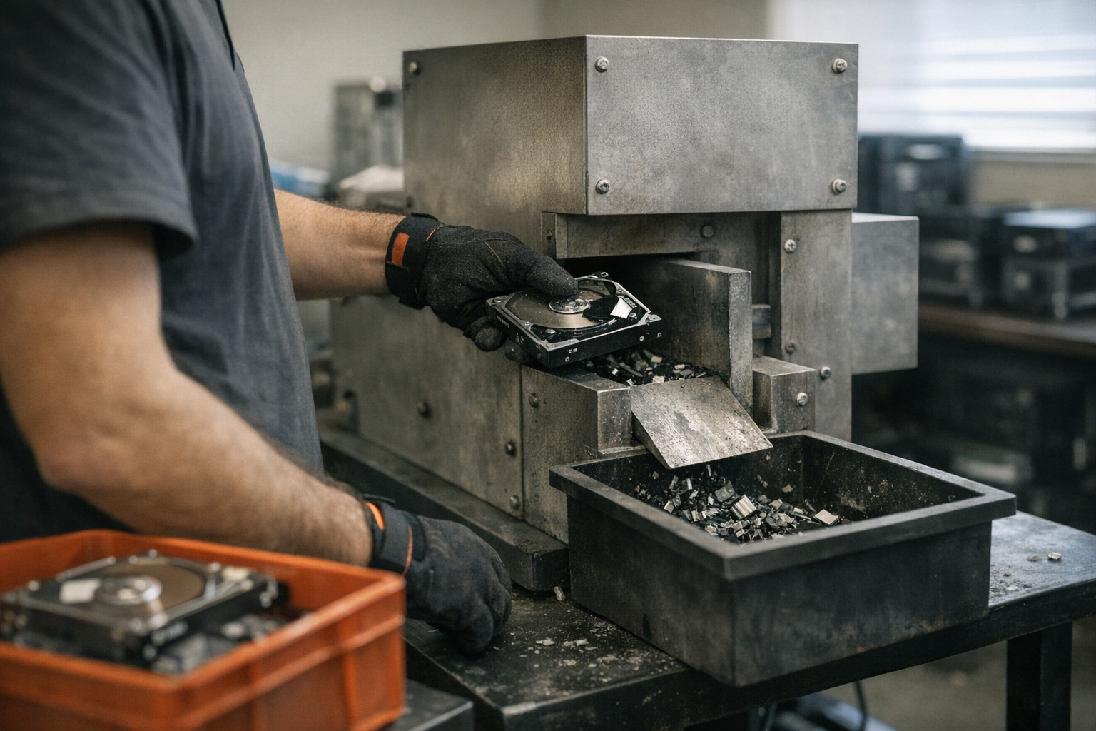 Technician performing on-site hard drive destruction