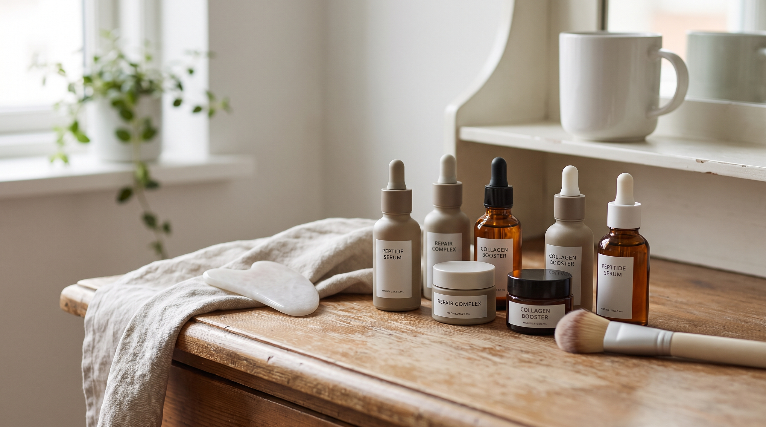 Various peptide serums on a vanity