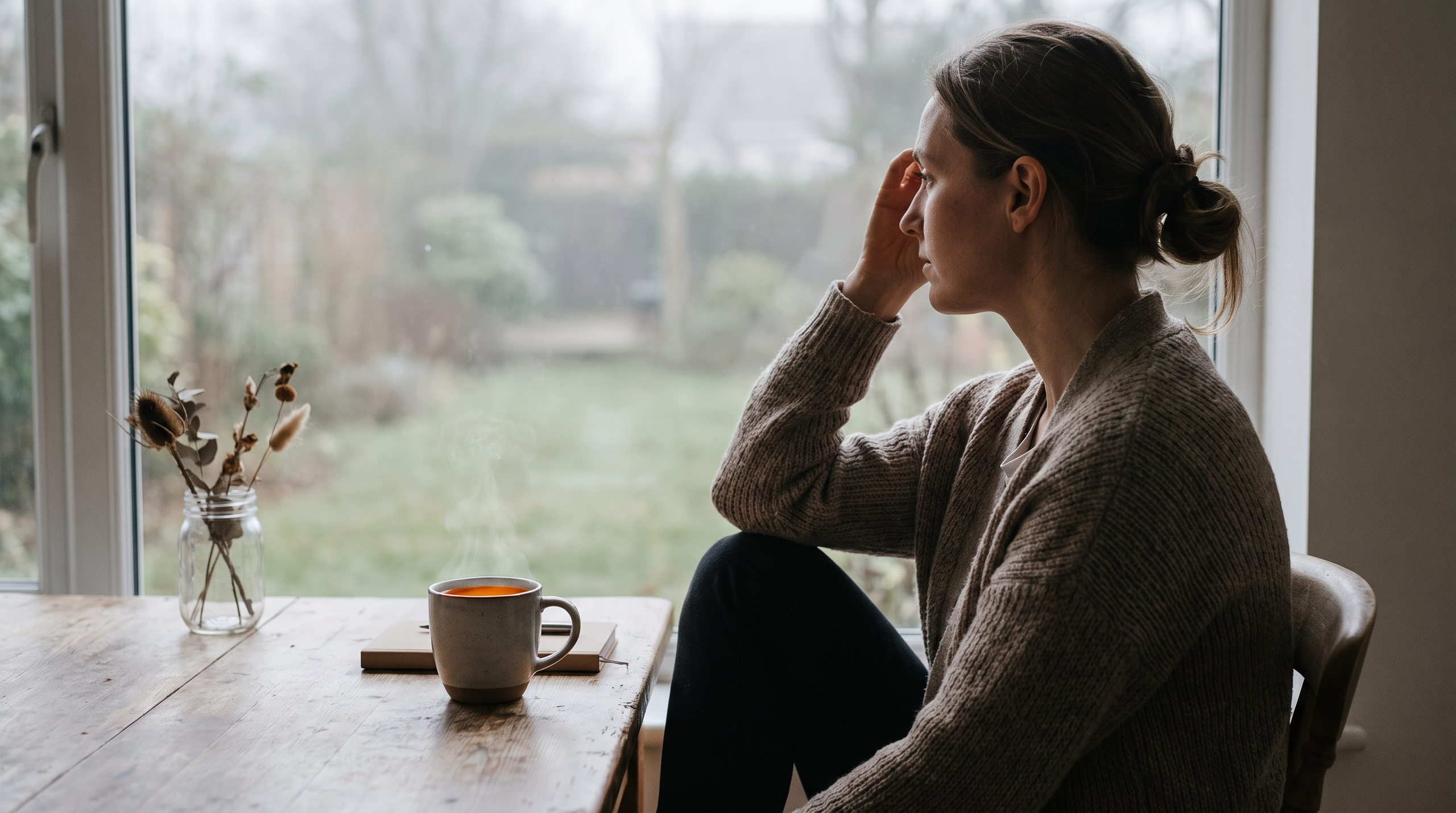 A woman reflecting on health stages related to menopause.