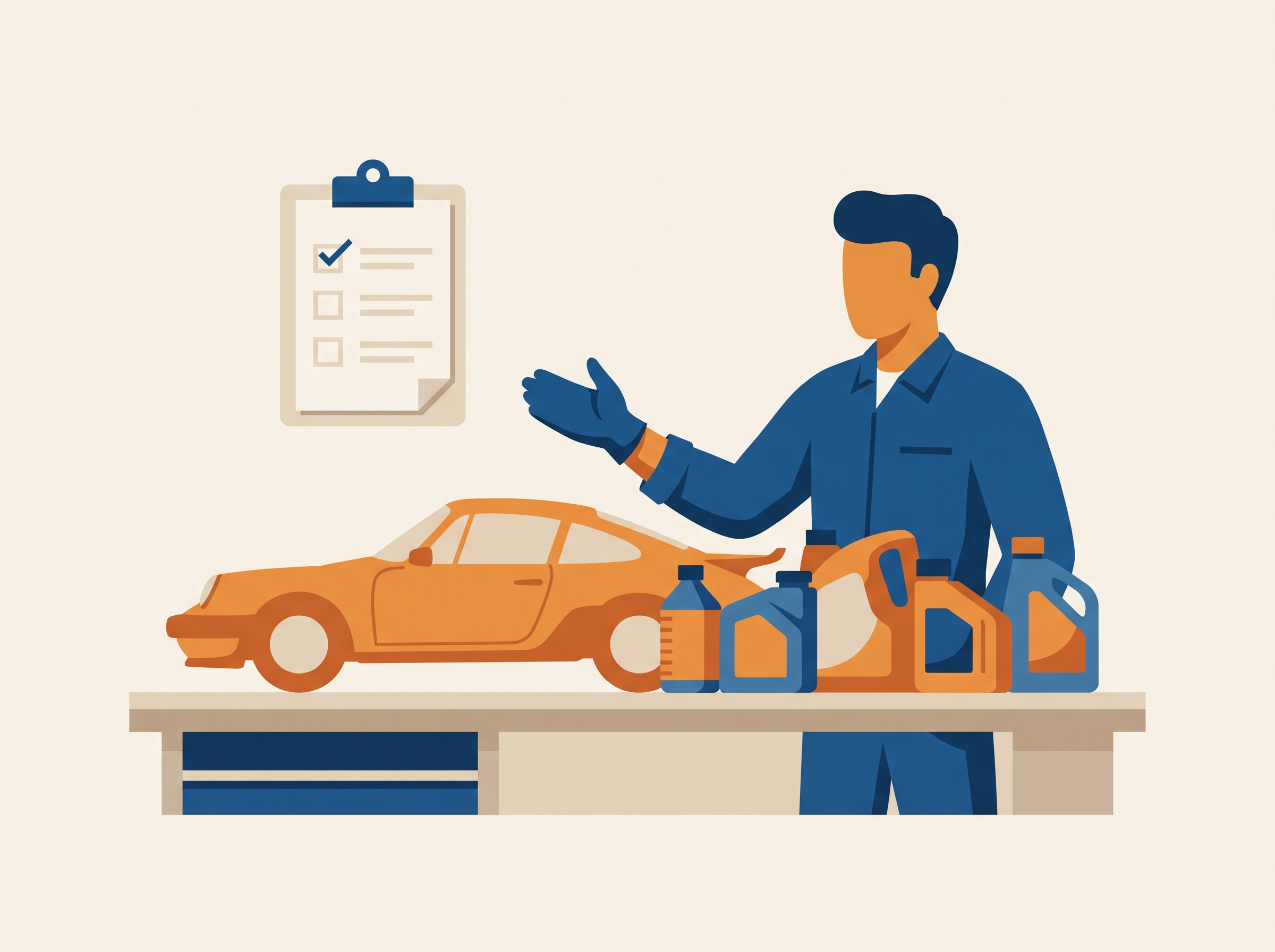 Illustration of mechanic choosing the right oil for Porsche
