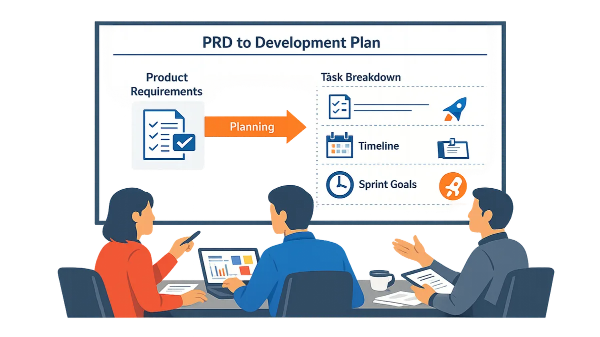 Team collaborating on a development plan from a PRD.