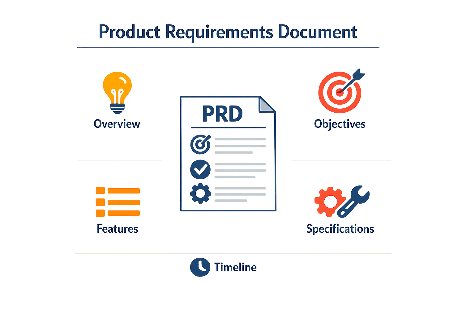 Infographic showing the core components and structure of a Product Requirements Document