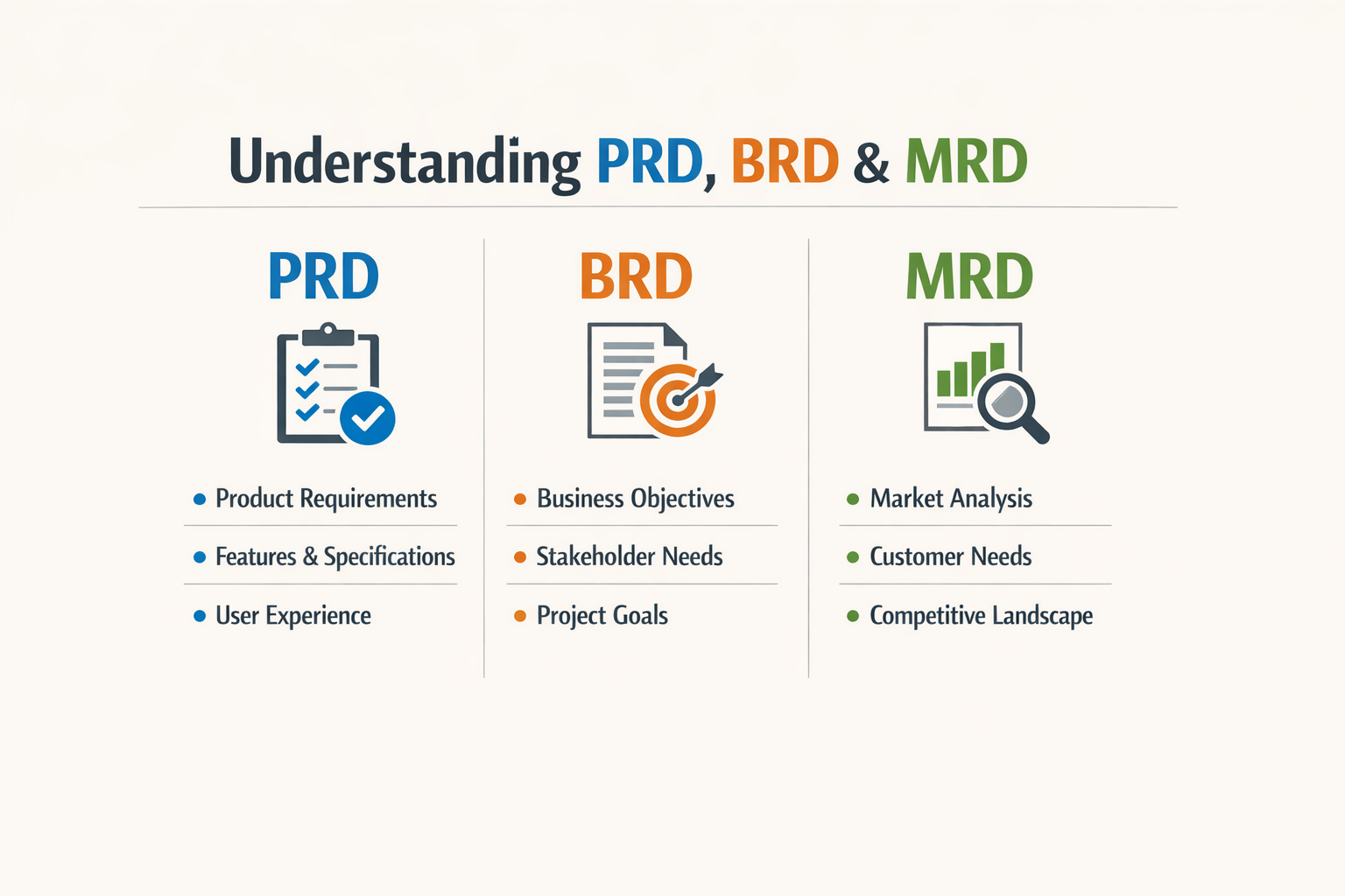 Image explaining the definitions and purposes of PRD vs BRD vs MRD in project management