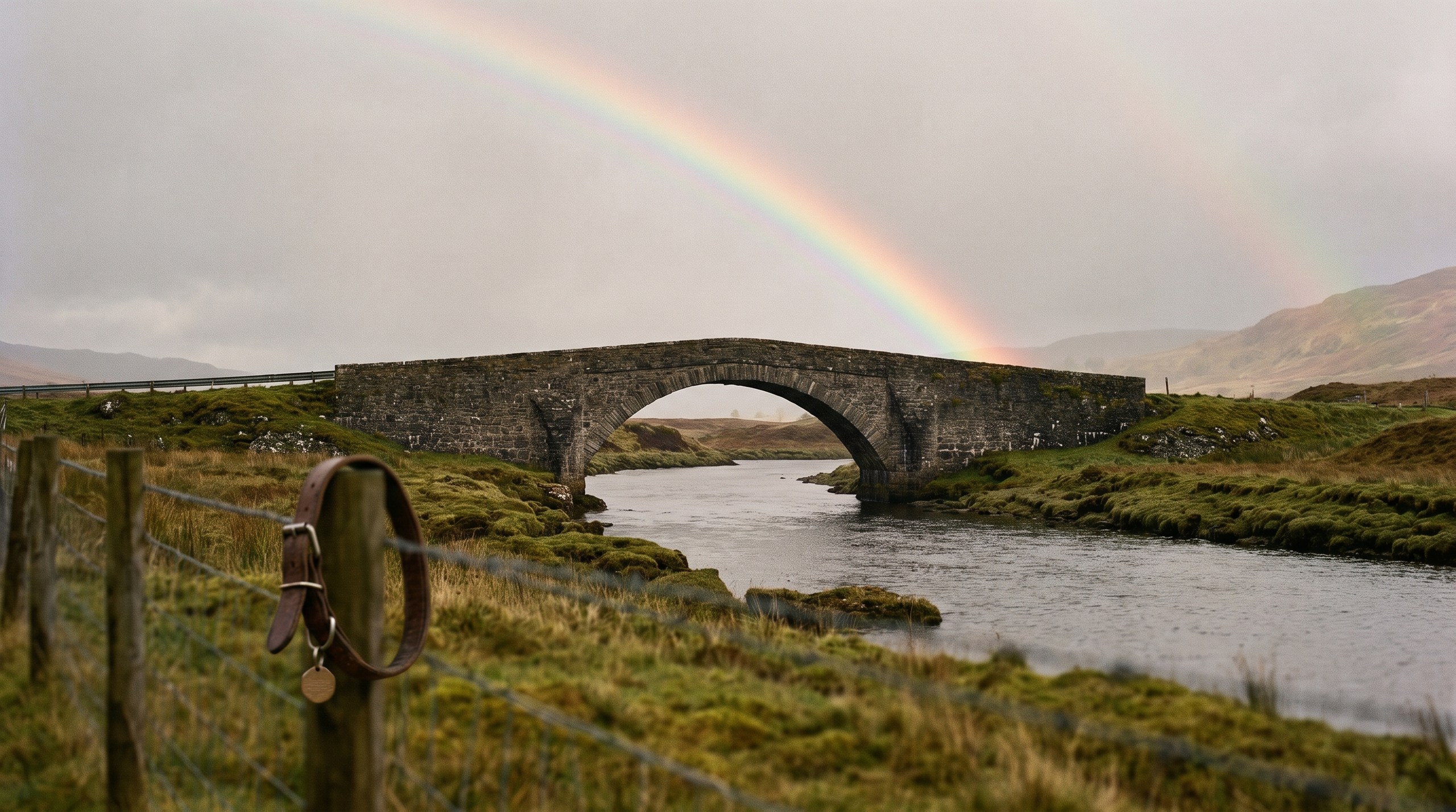 A serene landscape with a rainbow over a bridge representing comfort for pet owners.
