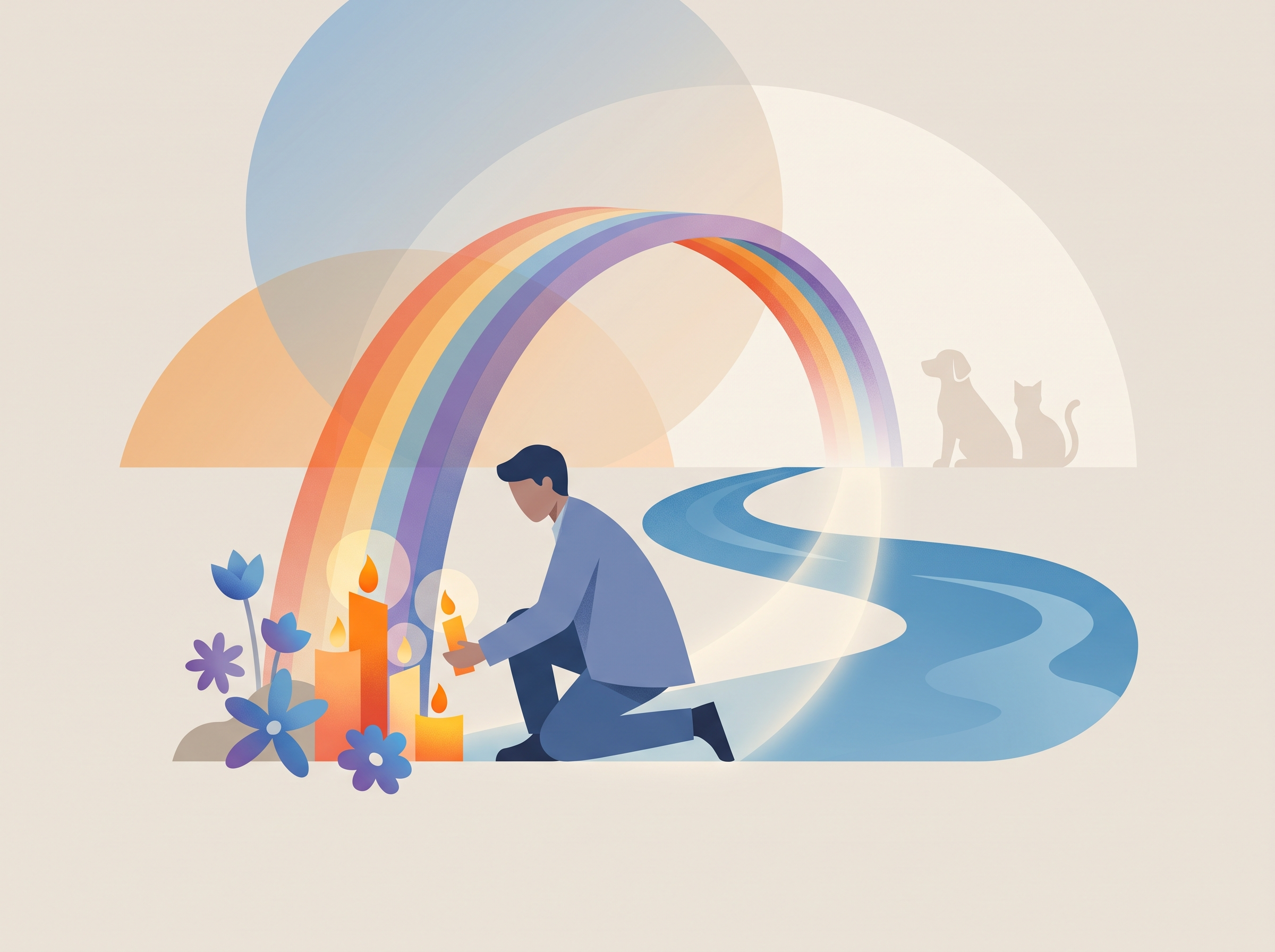 A pet owner creating a memorial at the Rainbow Bridge.