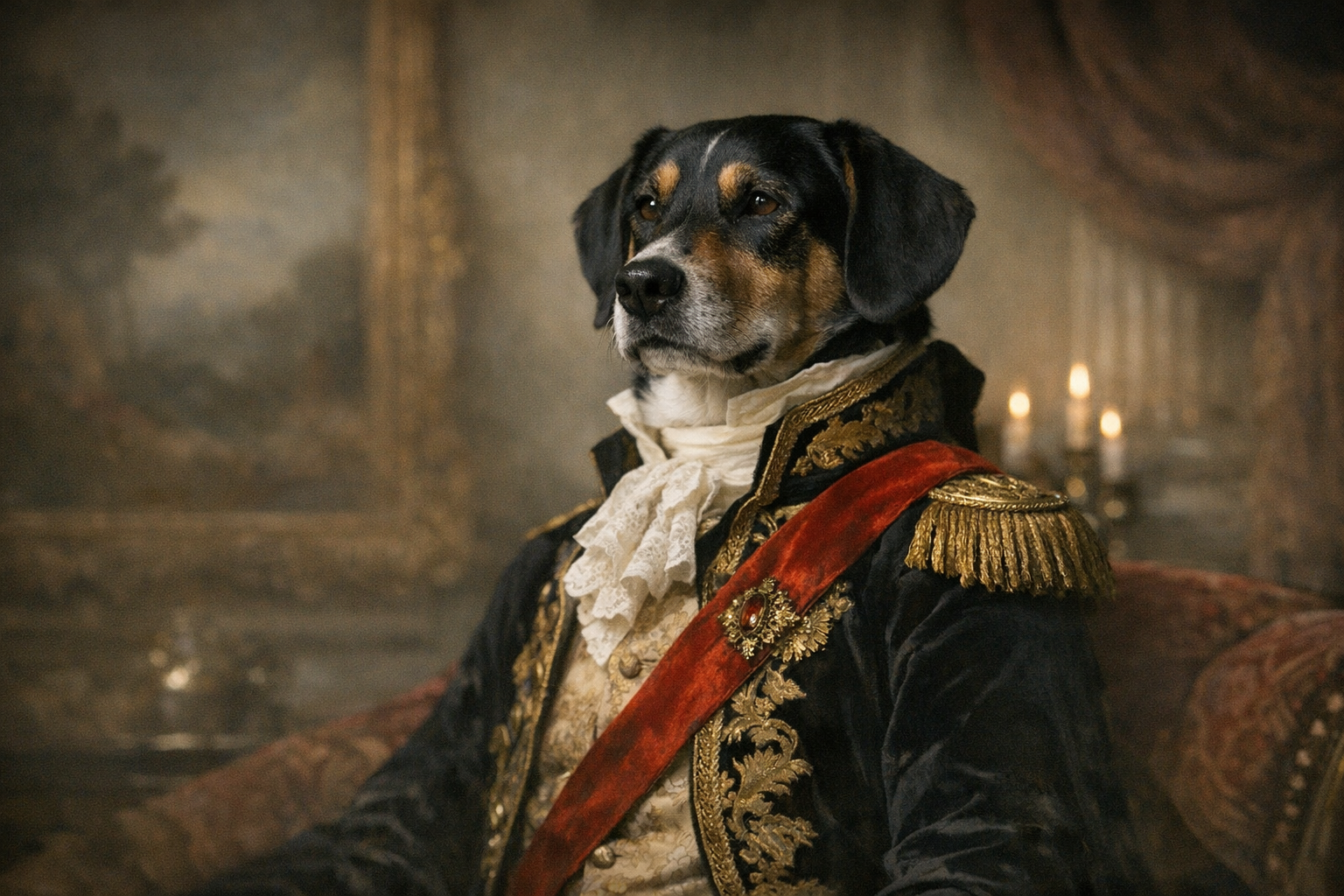 Regal pet portrait of a dog in aristocratic attire.