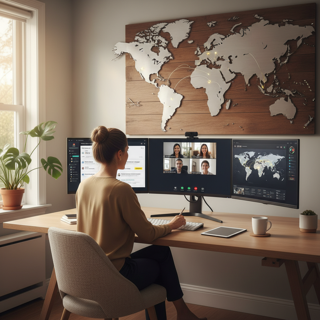 Professional utilizing remote work platforms from a modern home office setup