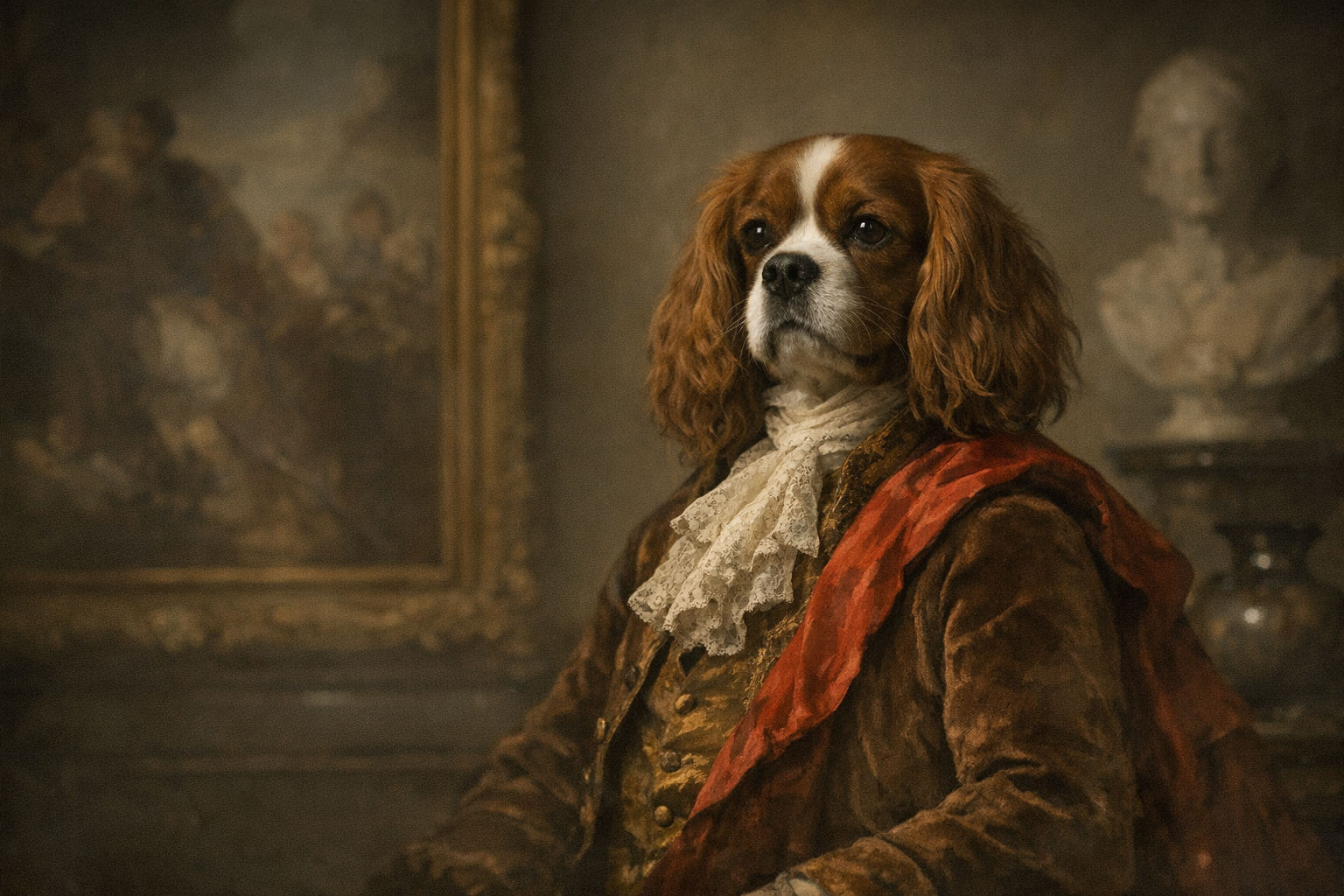 A pet depicted in the style of an old-master painting.