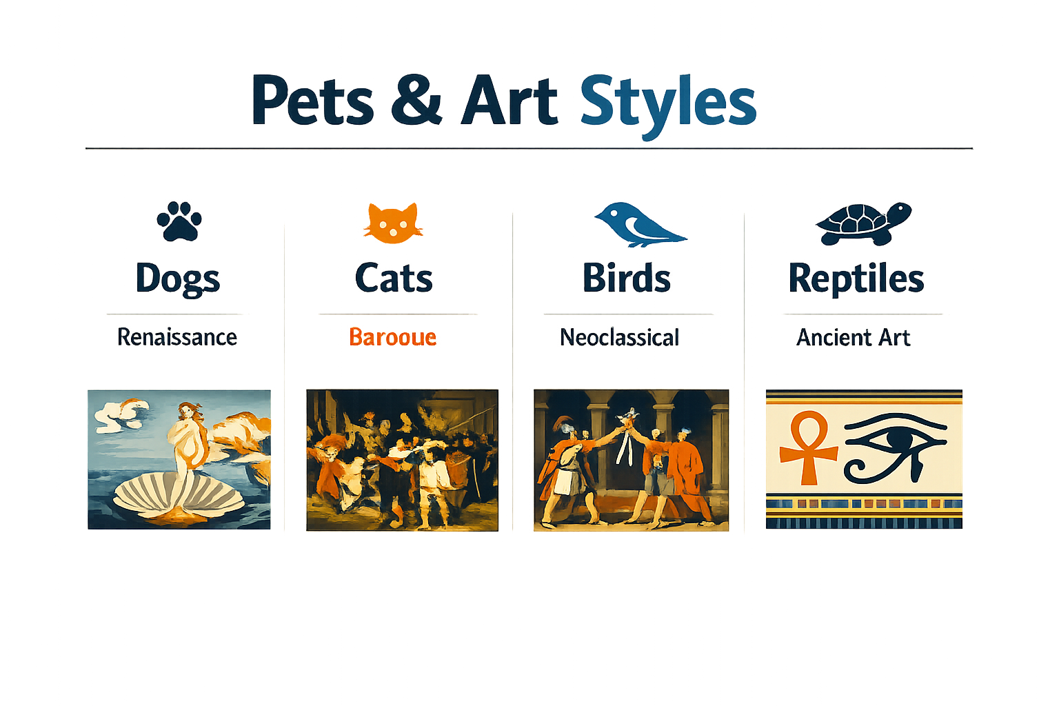 Infographic on pet types and art styles.