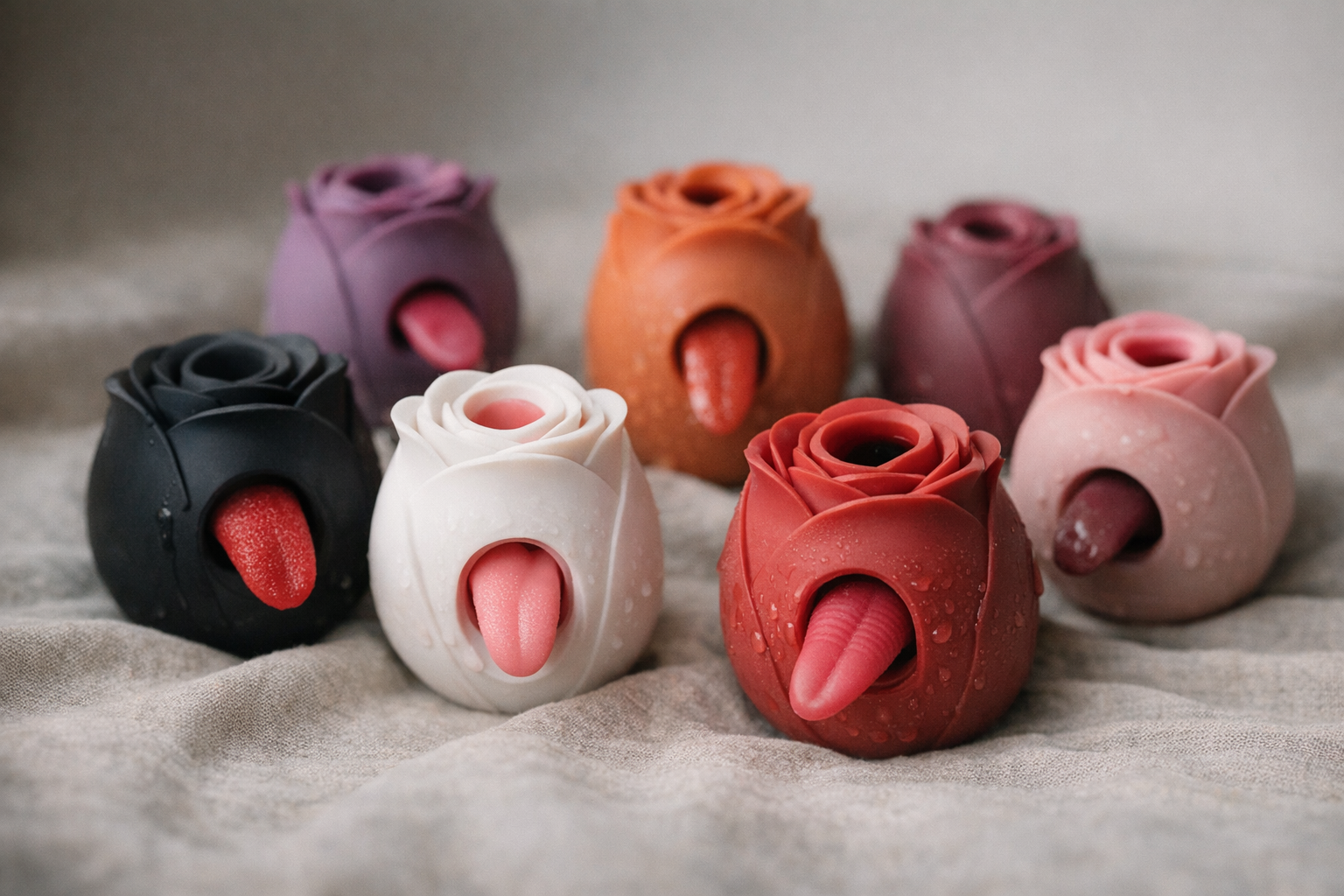 Various rose toys with tongues in a visually appealing arrangement.