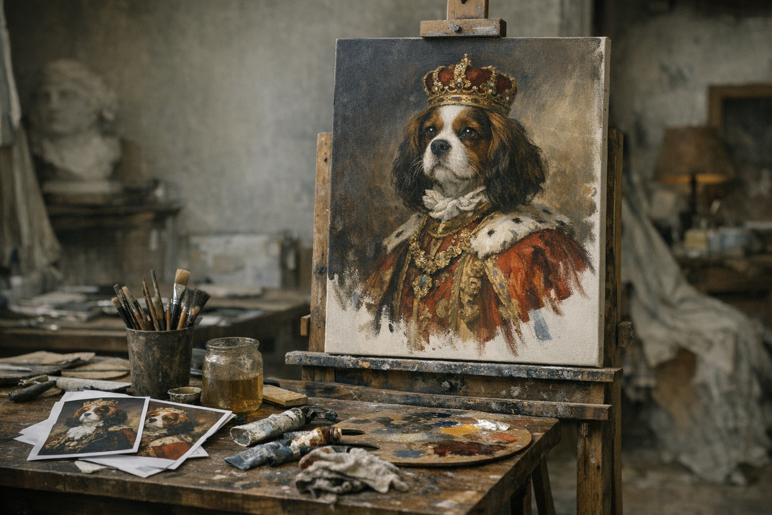 An artist's studio with a royal dog portrait in progress