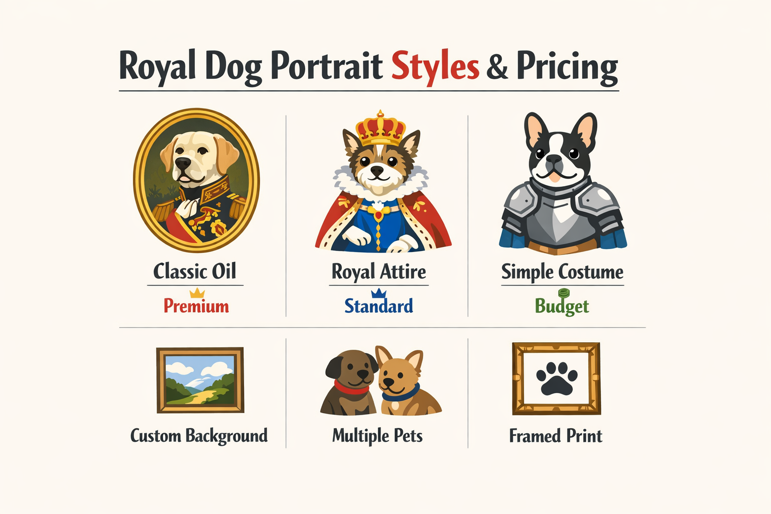 Infographic of royal dog portrait styles and pricing
