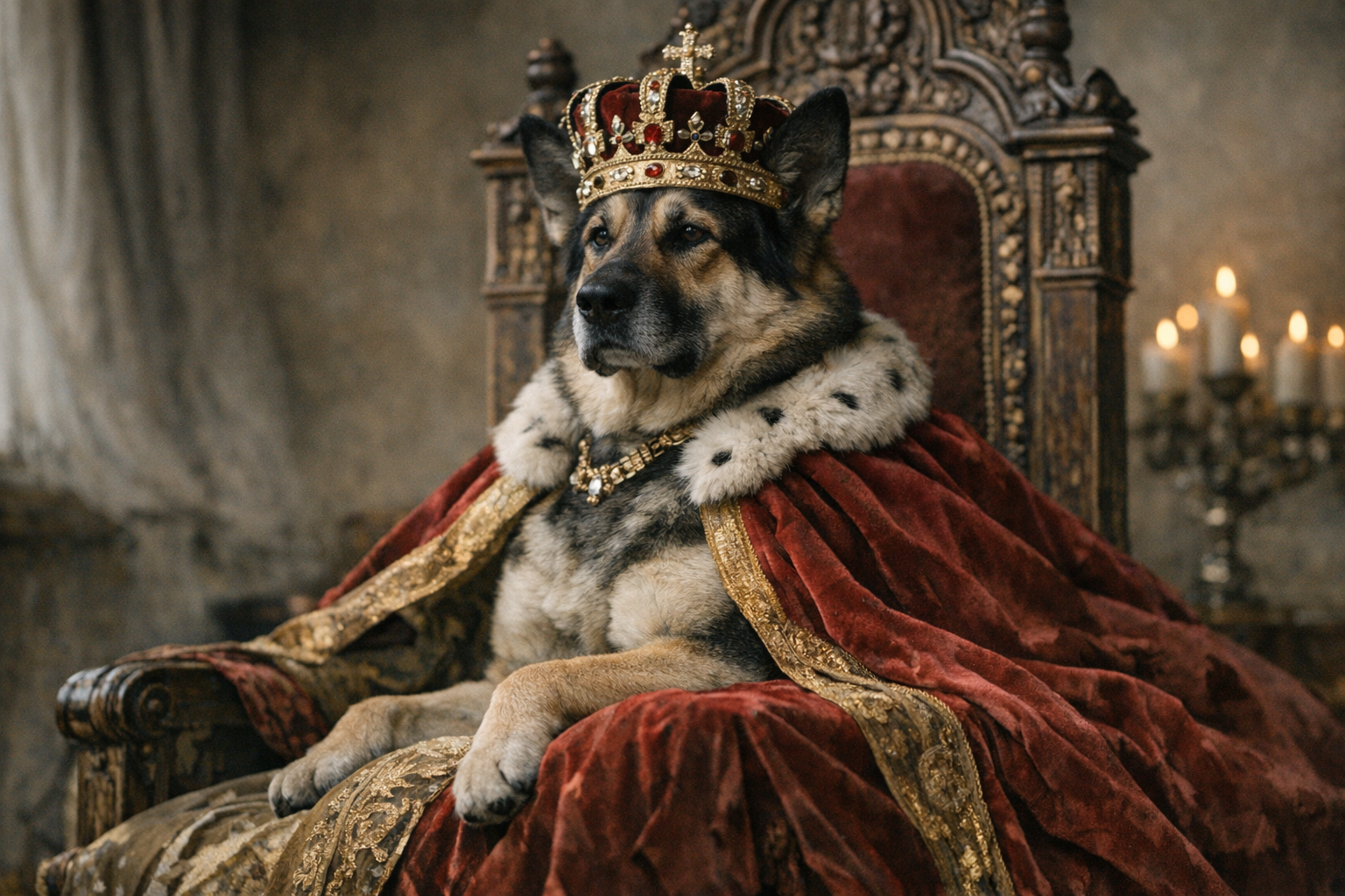 A majestic dog posed regally on a throne