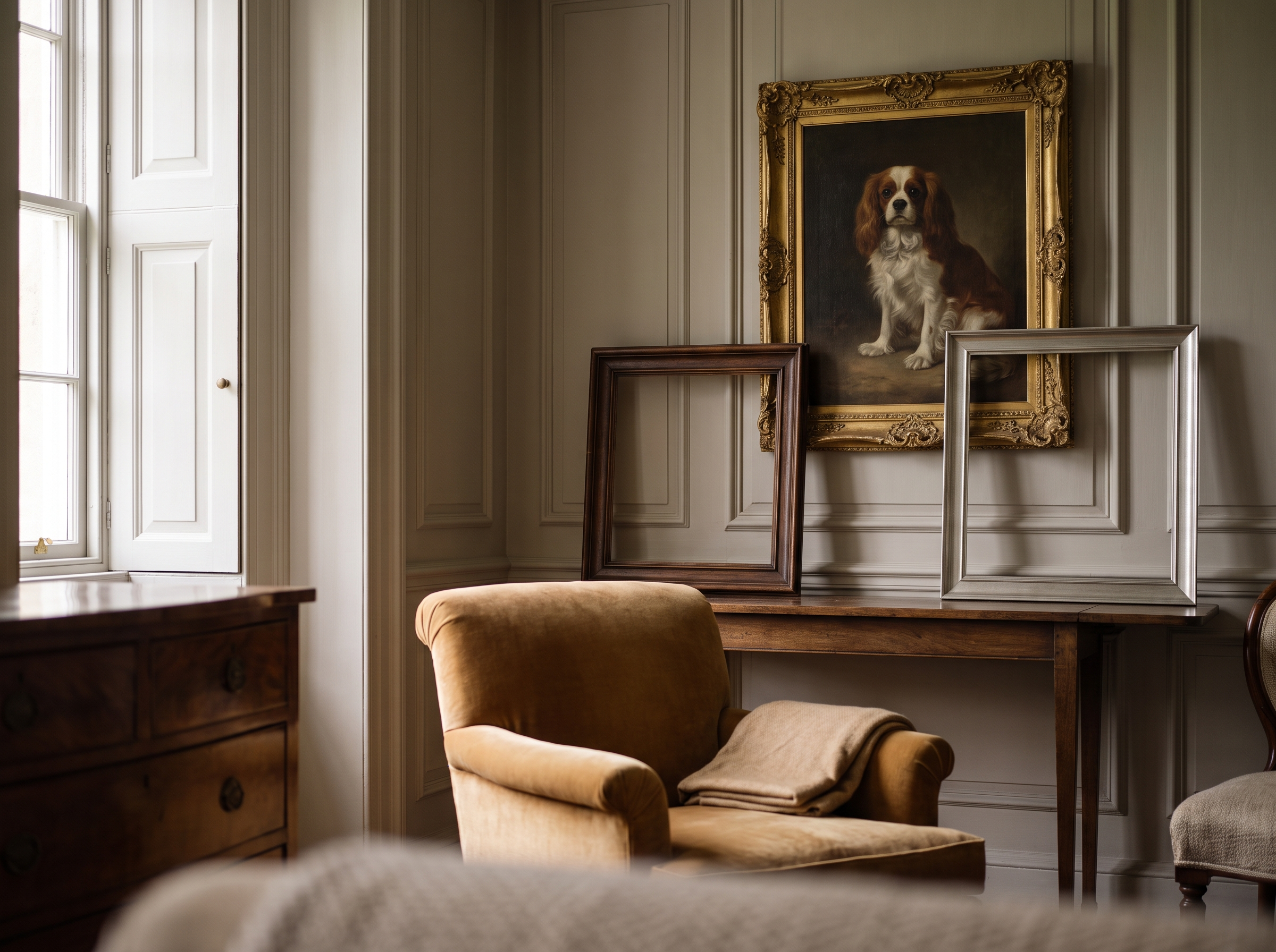 Framed royal dog portrait in a living room