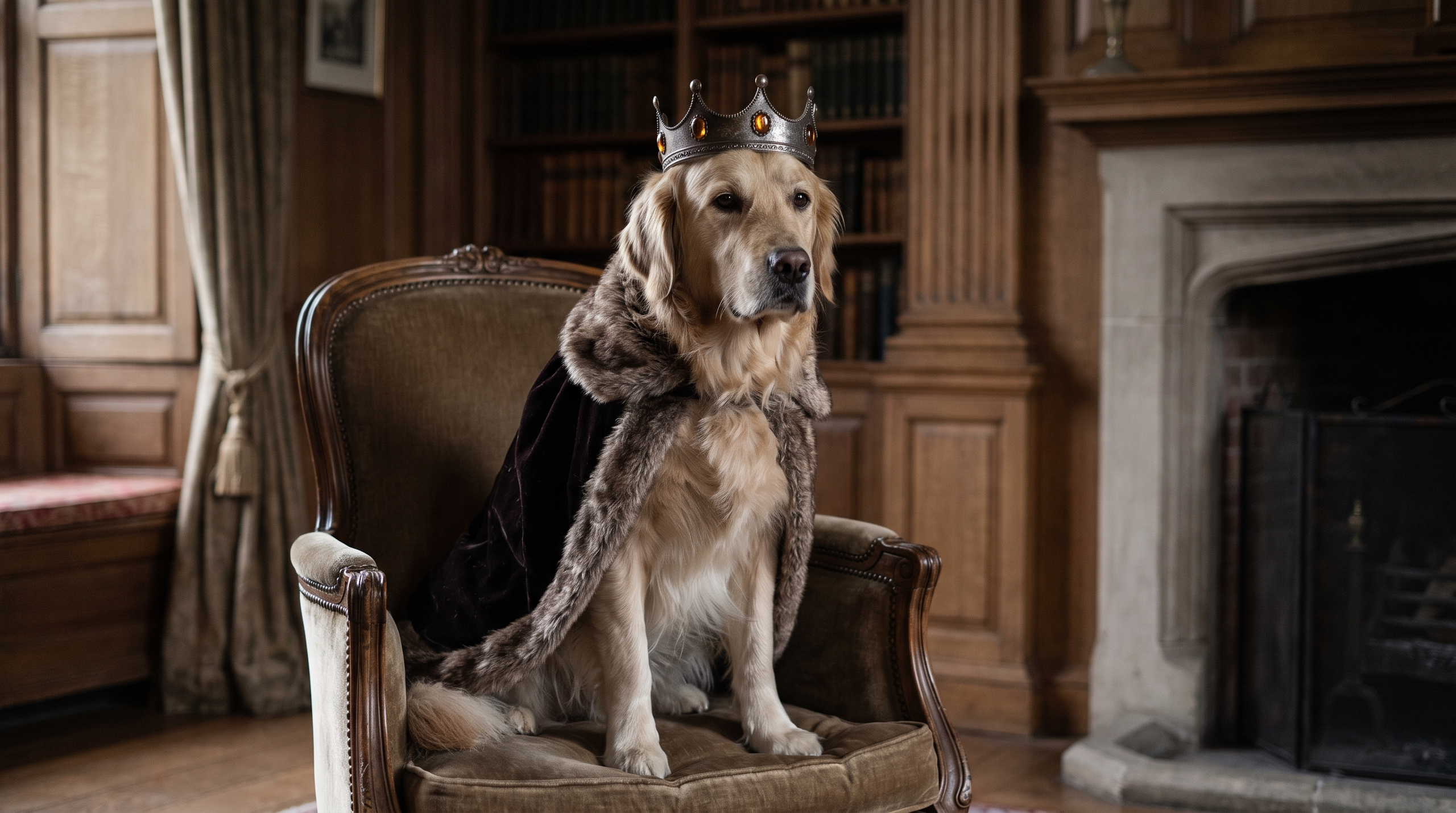 A royal pet portrait of a dog as a king