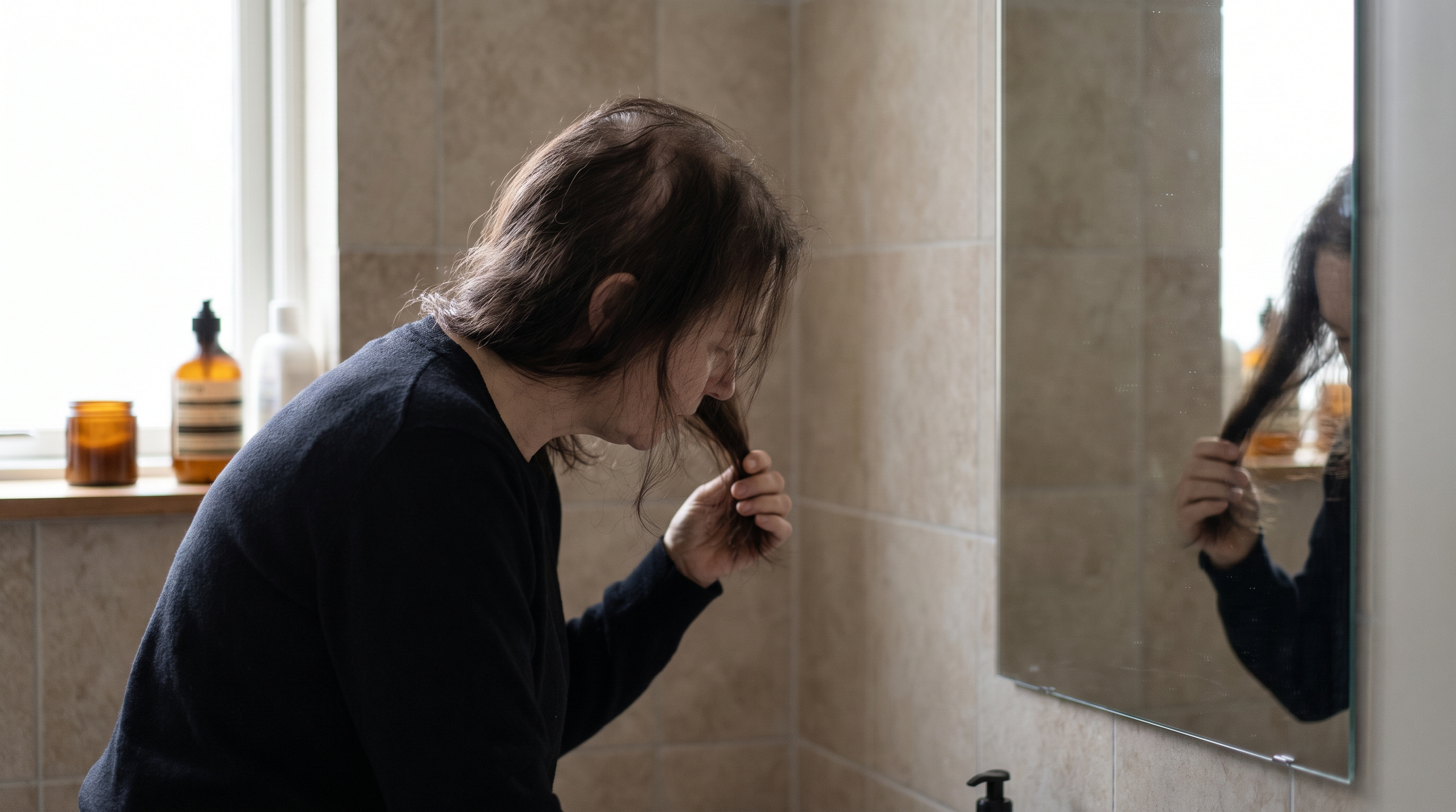 A woman examining her hair in a bathroom