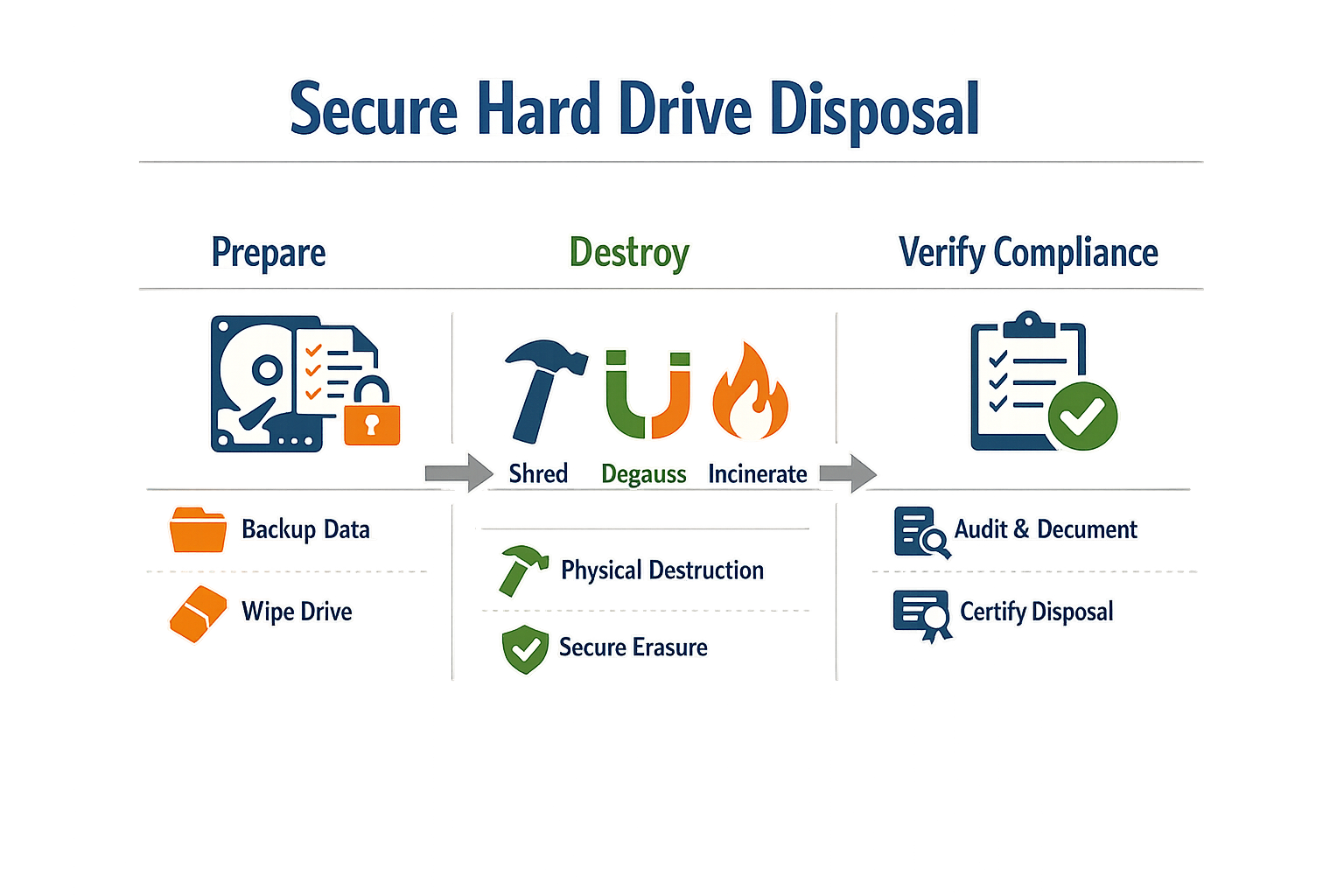 Infographic showing step-by-step guide to secure hard drive disposal