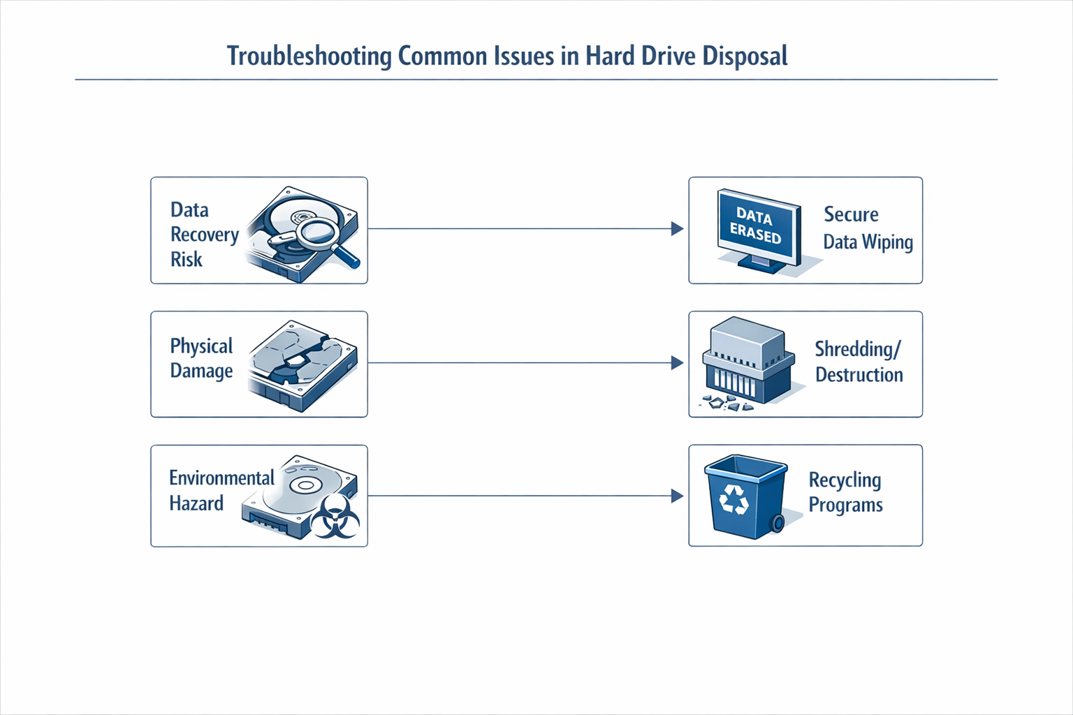 Diagram addressing troubleshooting common issues in hard drive disposal