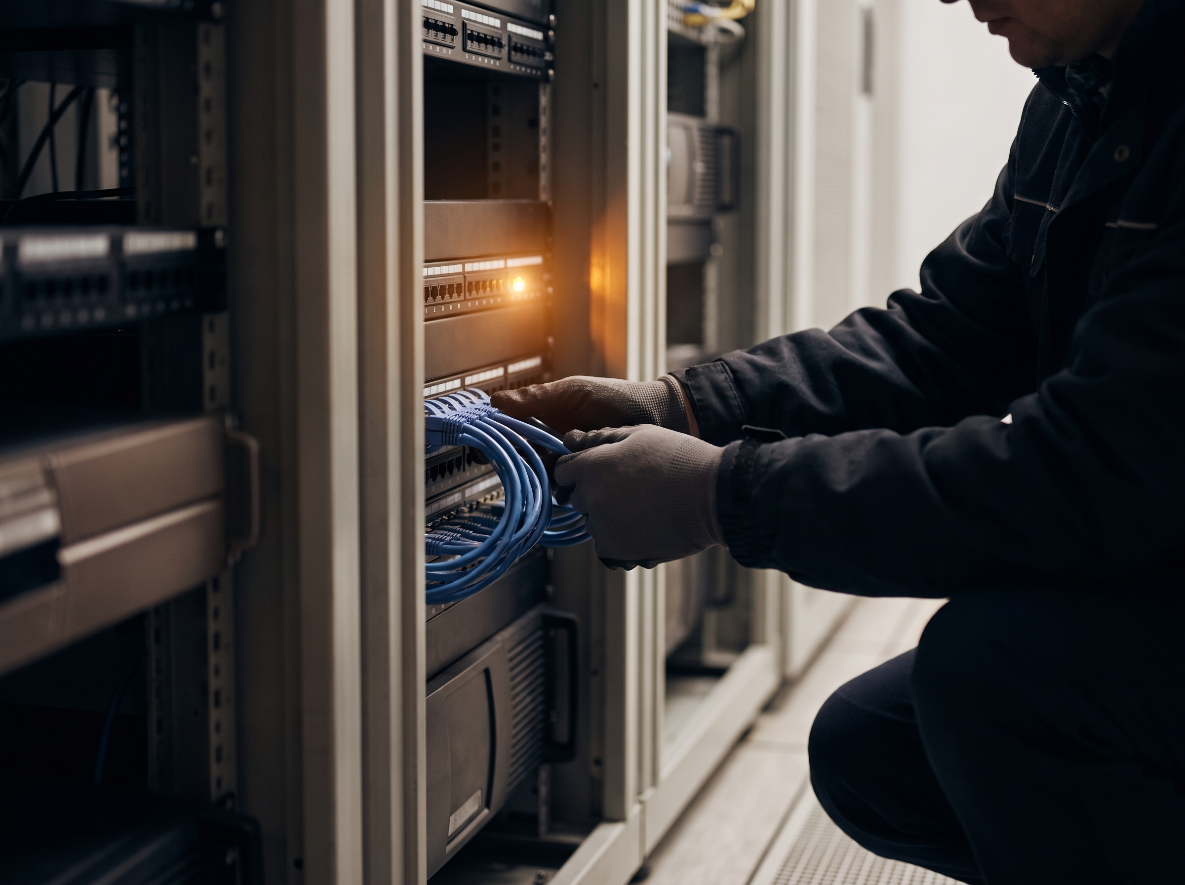 Technician disconnecting networking cables from server hardware during decommissioning process