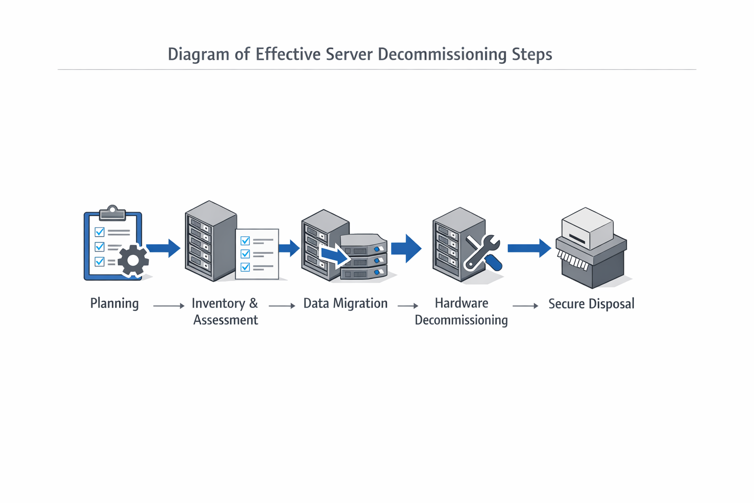 Diagram of effective server decommissioning steps showing inventory, sanitization, chain of custody, and certificate verification stages