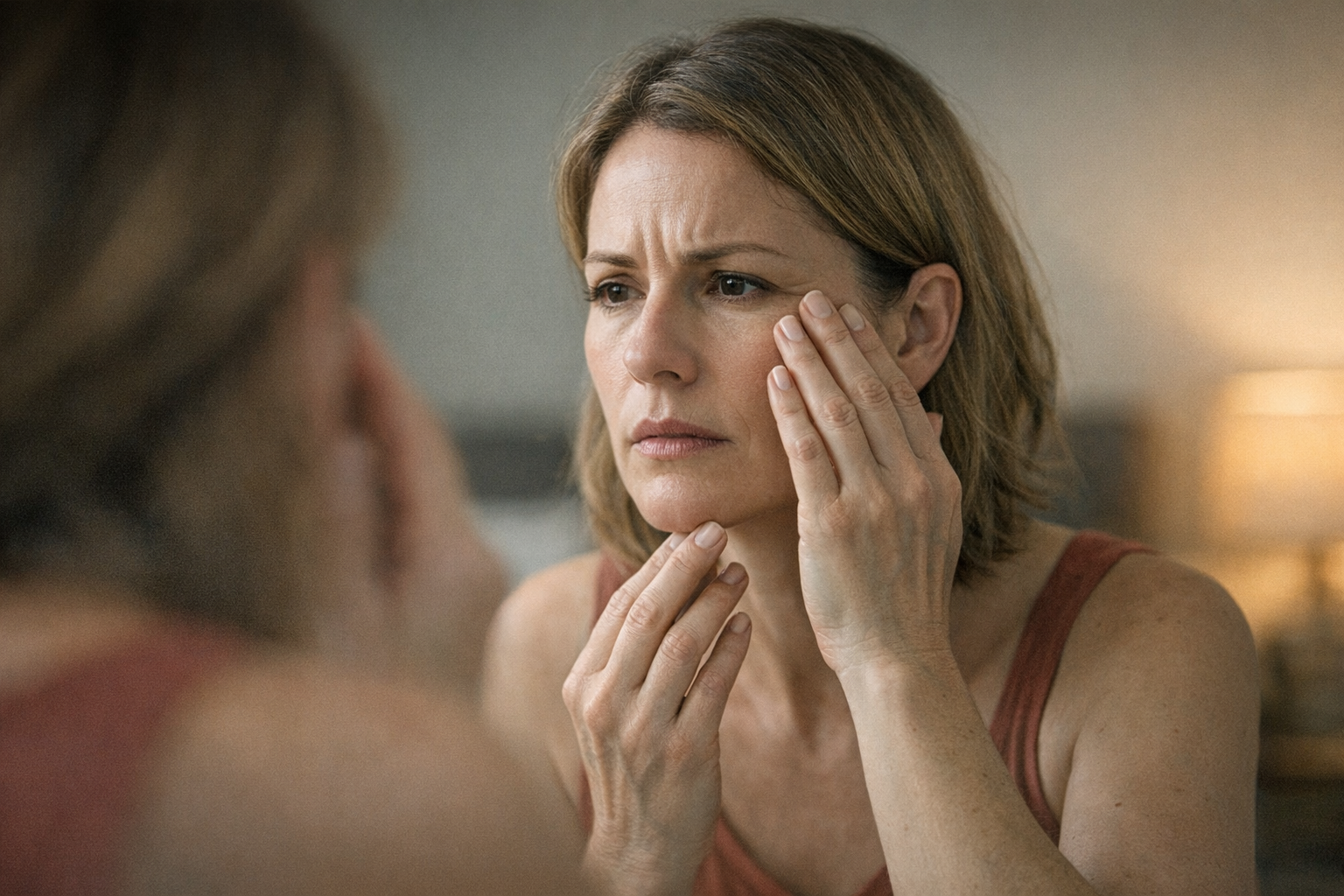 Woman examining her skin for signs of high estrogen