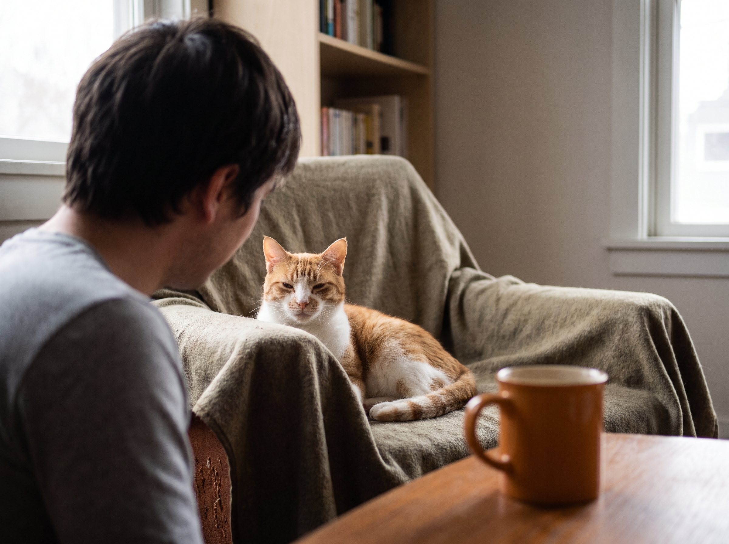A person and a cat sharing a moment of trust through slow blinking