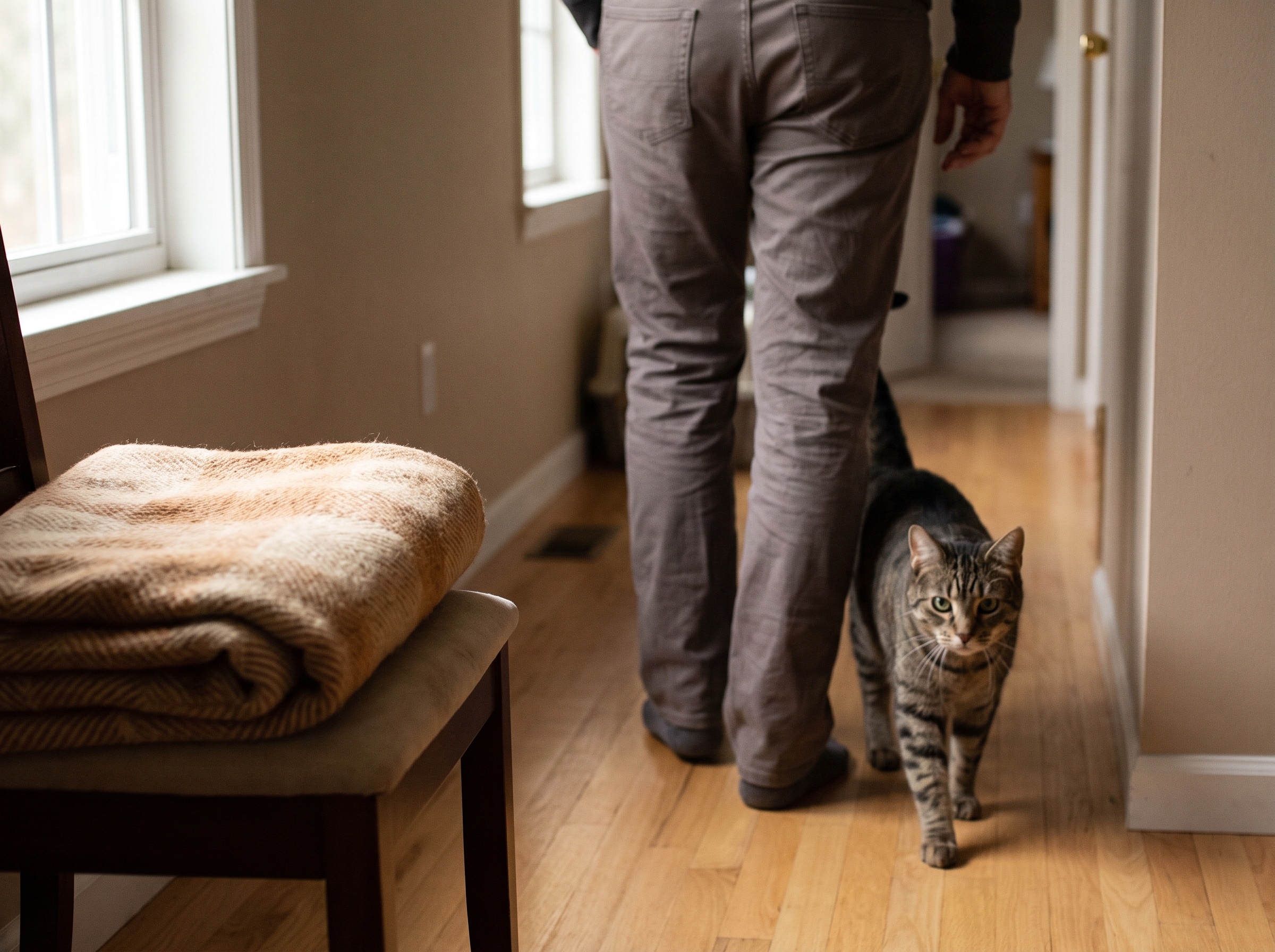 A cat loyally following its owner from room to room, demonstrating trust and affection