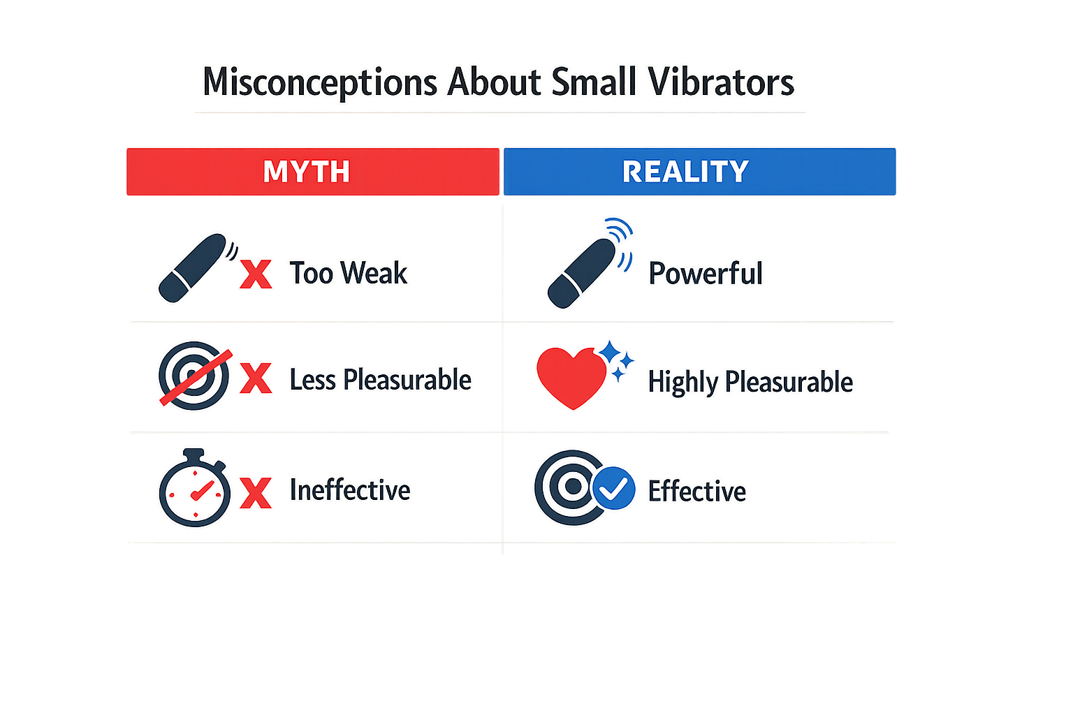 Infographic illustrating misconceptions about small vibrators that aren't weak.