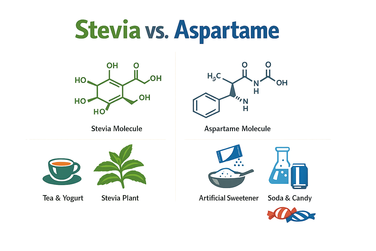 Comparison of Stevia and Aspartame with their chemical structures