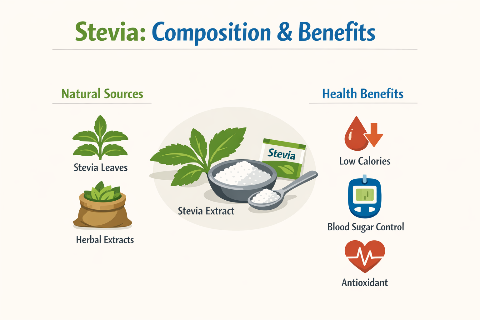 Diagram of Stevia's composition and health benefits