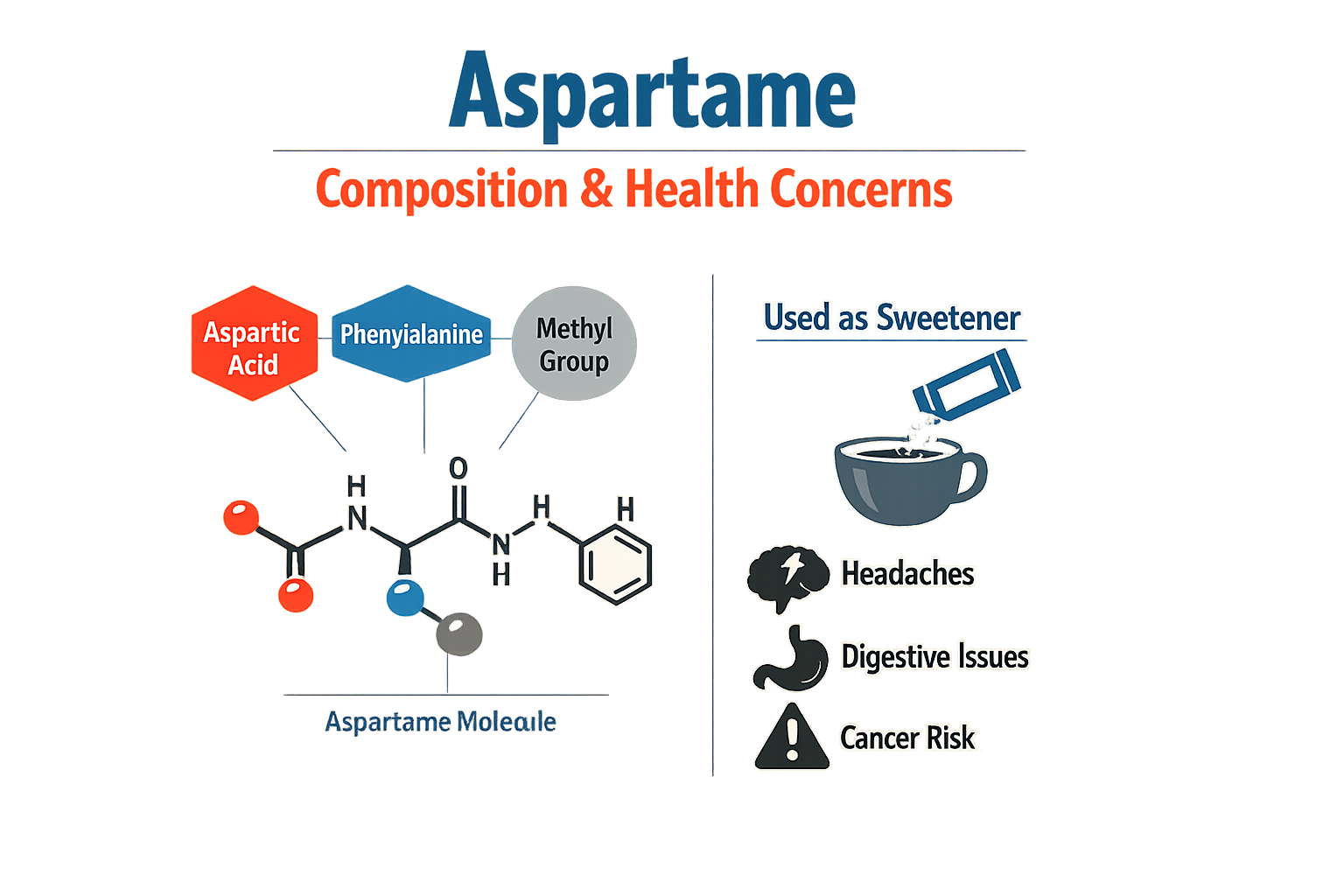 Diagram of Aspartame's composition and health concerns