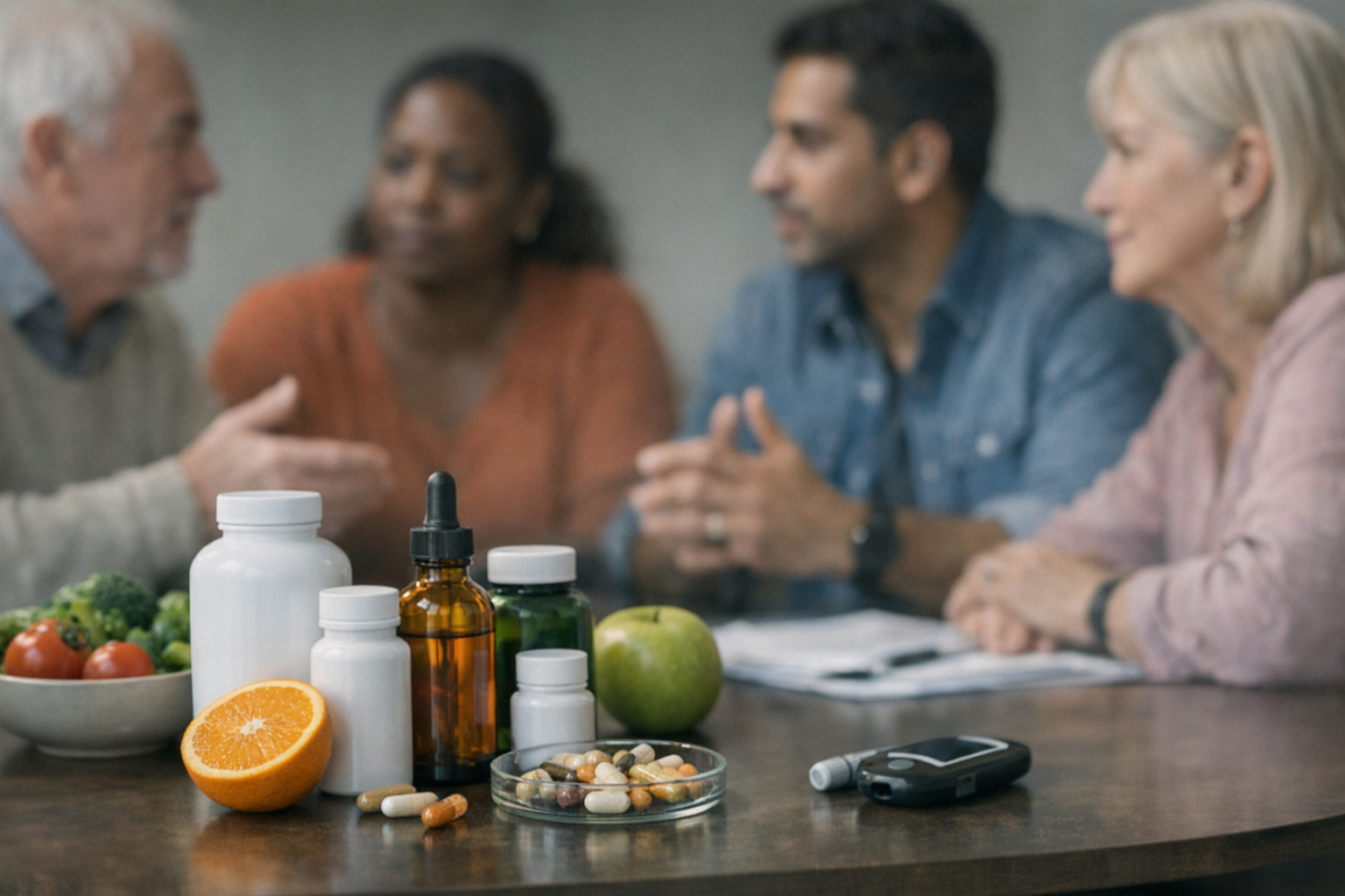 A diverse group of people discussing health and nutrition with supplements.