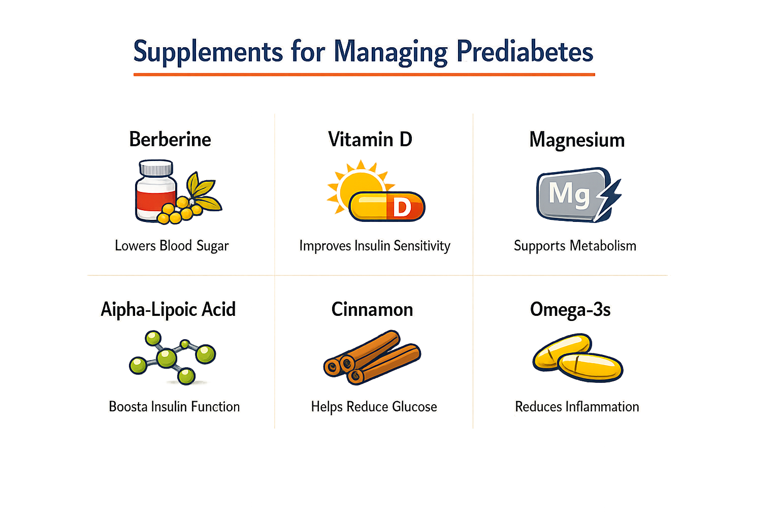 Infographic of supplements for managing prediabetes.