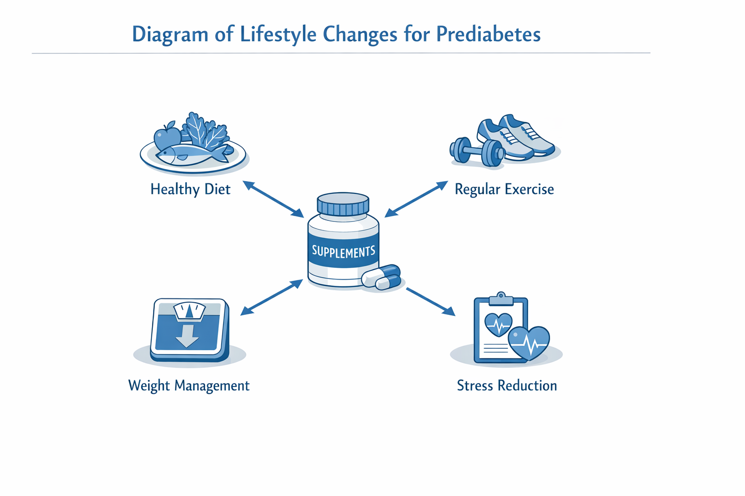 Diagram of lifestyle changes for prediabetes including diet, exercise, and sleep habits to complement supplements for prediabetes.
