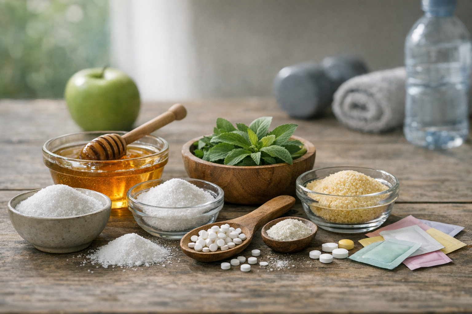 A variety of sugar substitutes displayed on a table