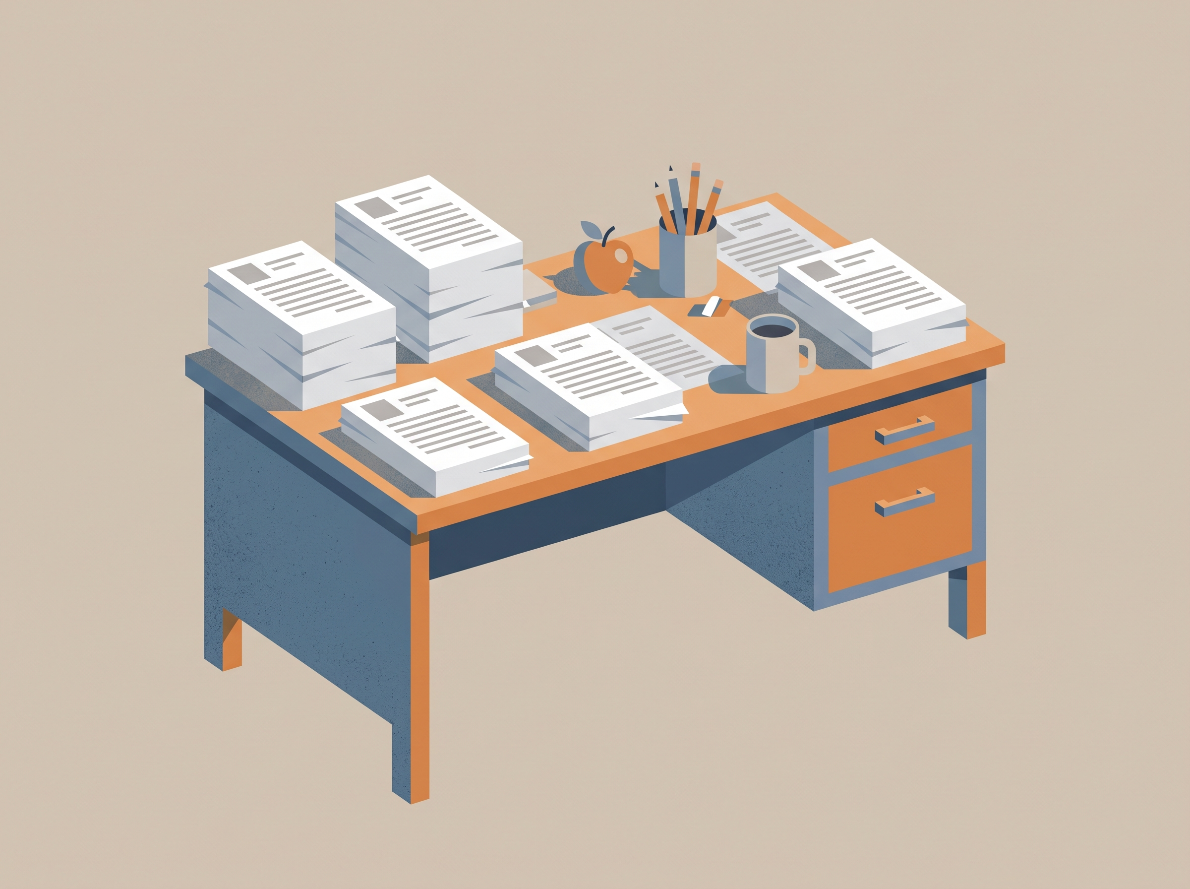Cluttered desk with identical resumes