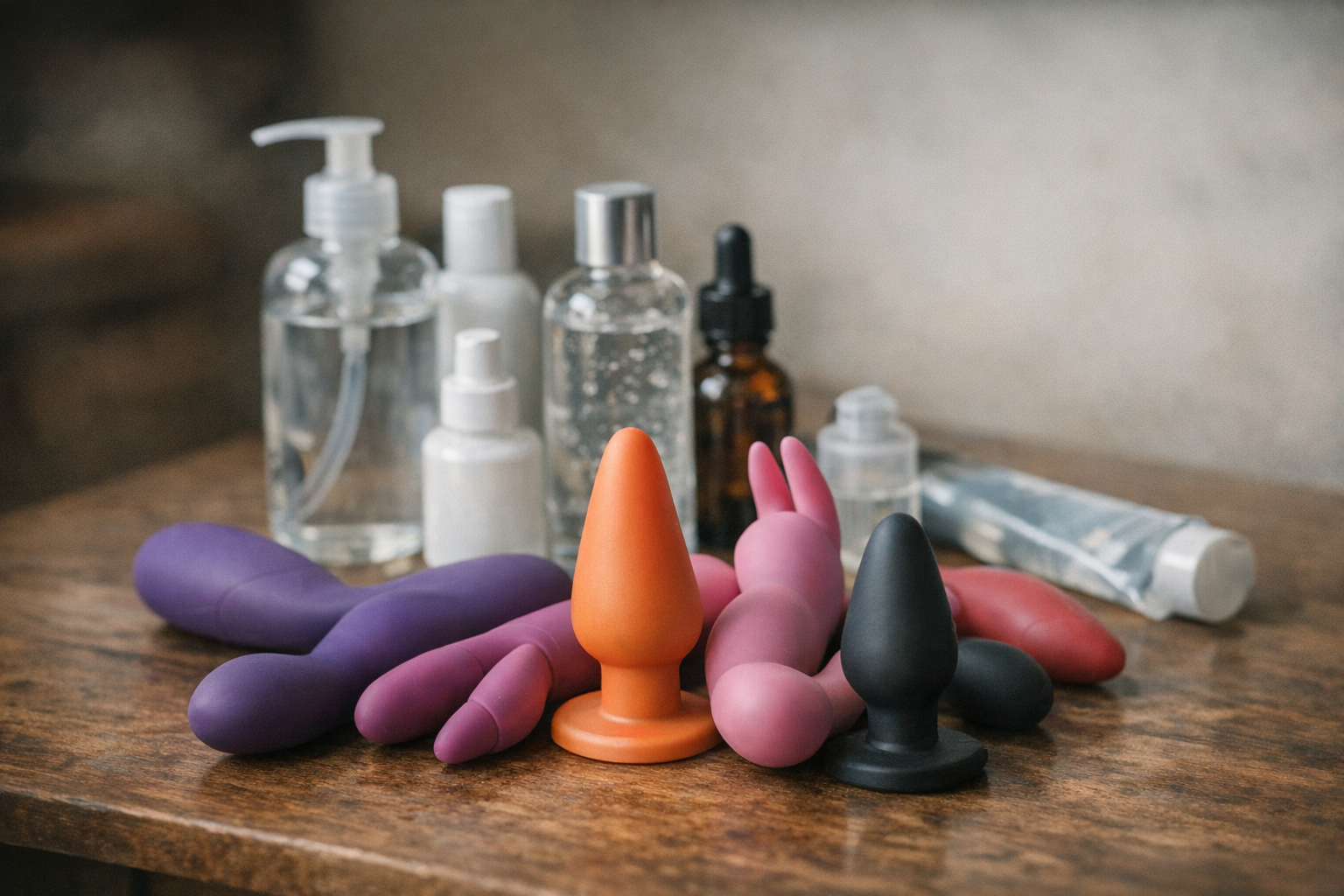 A collection of silicone toys and compatible lubricants