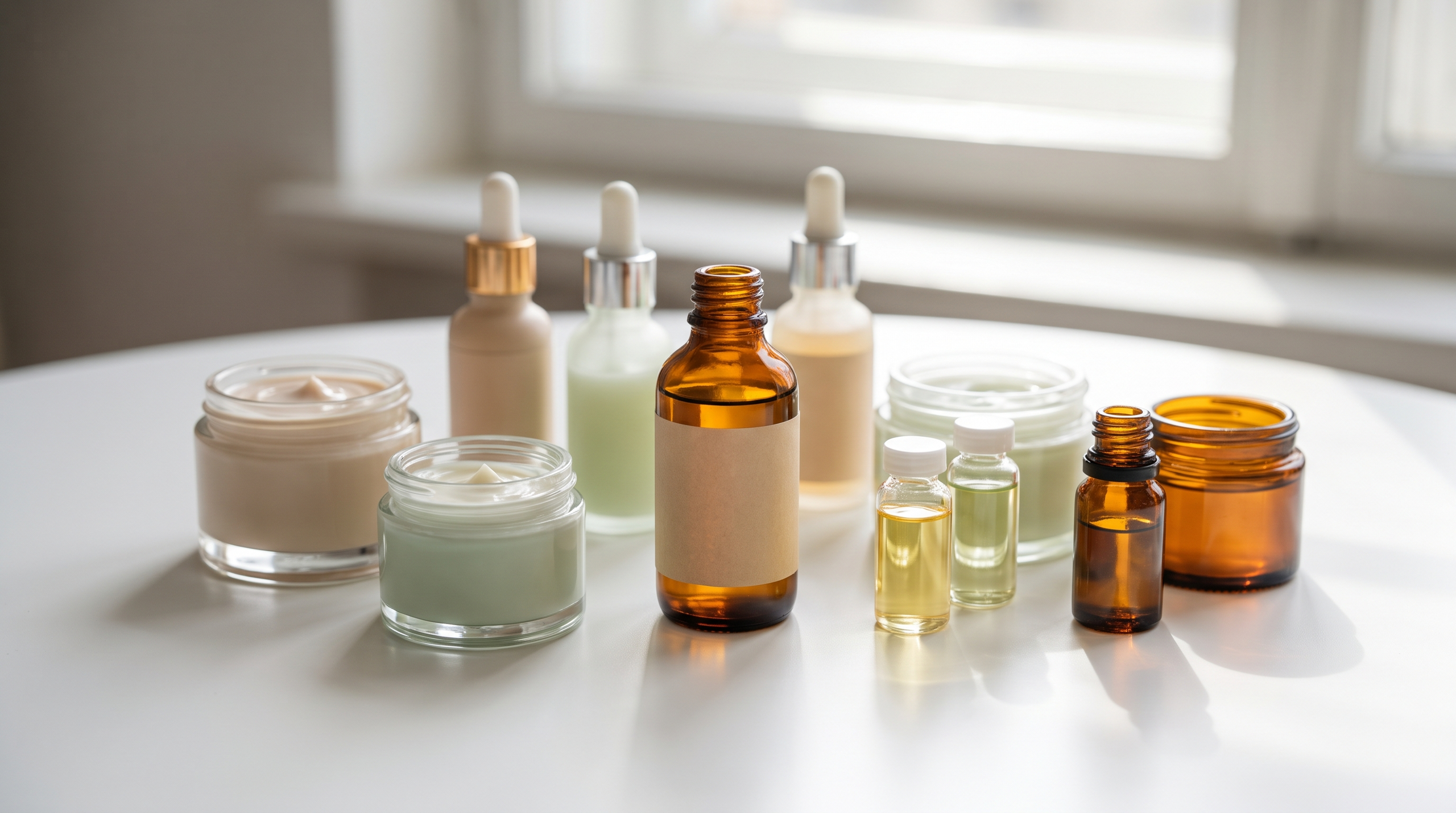 A collection of skincare products arranged aesthetically.