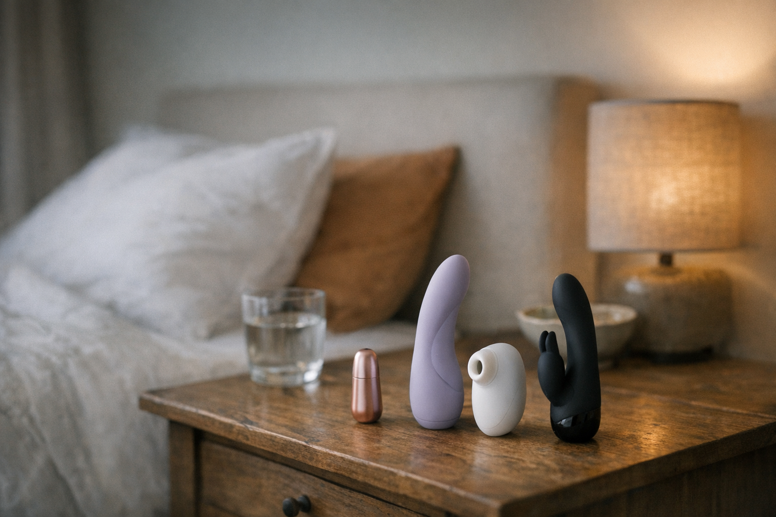 A serene bedroom setting with quiet vibrators on a nightstand.