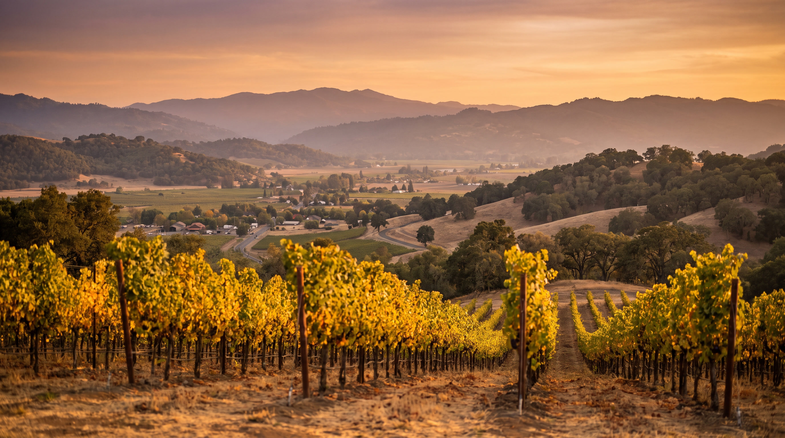Napa Valley vineyards at golden hour looking across the valley floor toward the Mayacamas range