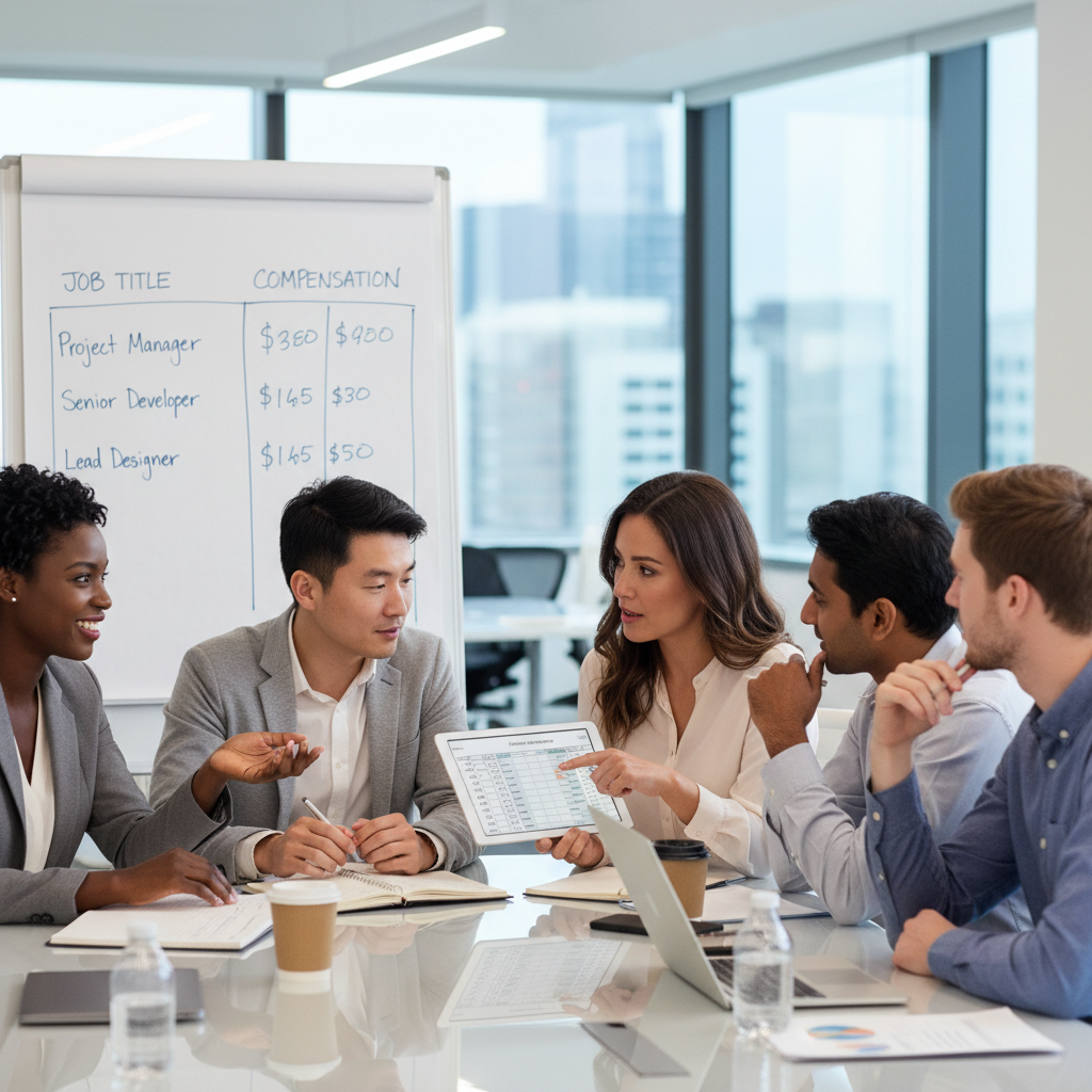 A diverse group of professionals discussing salary negotiation strategies.
